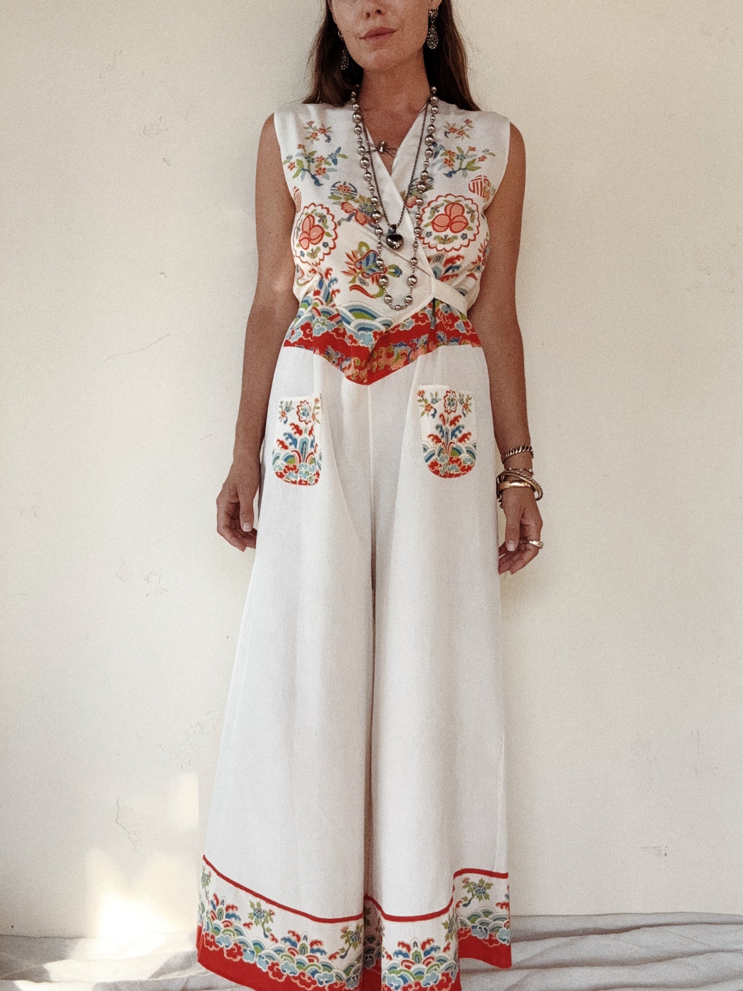 1930s Rare White Pongee Silk Beach Pajama Jumpsuit- M