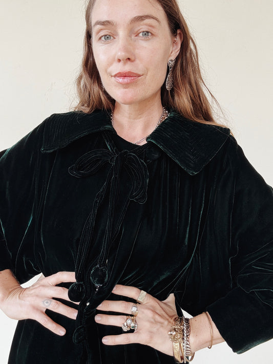 1930s/40s Emerald Green Velvet Deco Duster Coat w/ Bon Bons- S/M