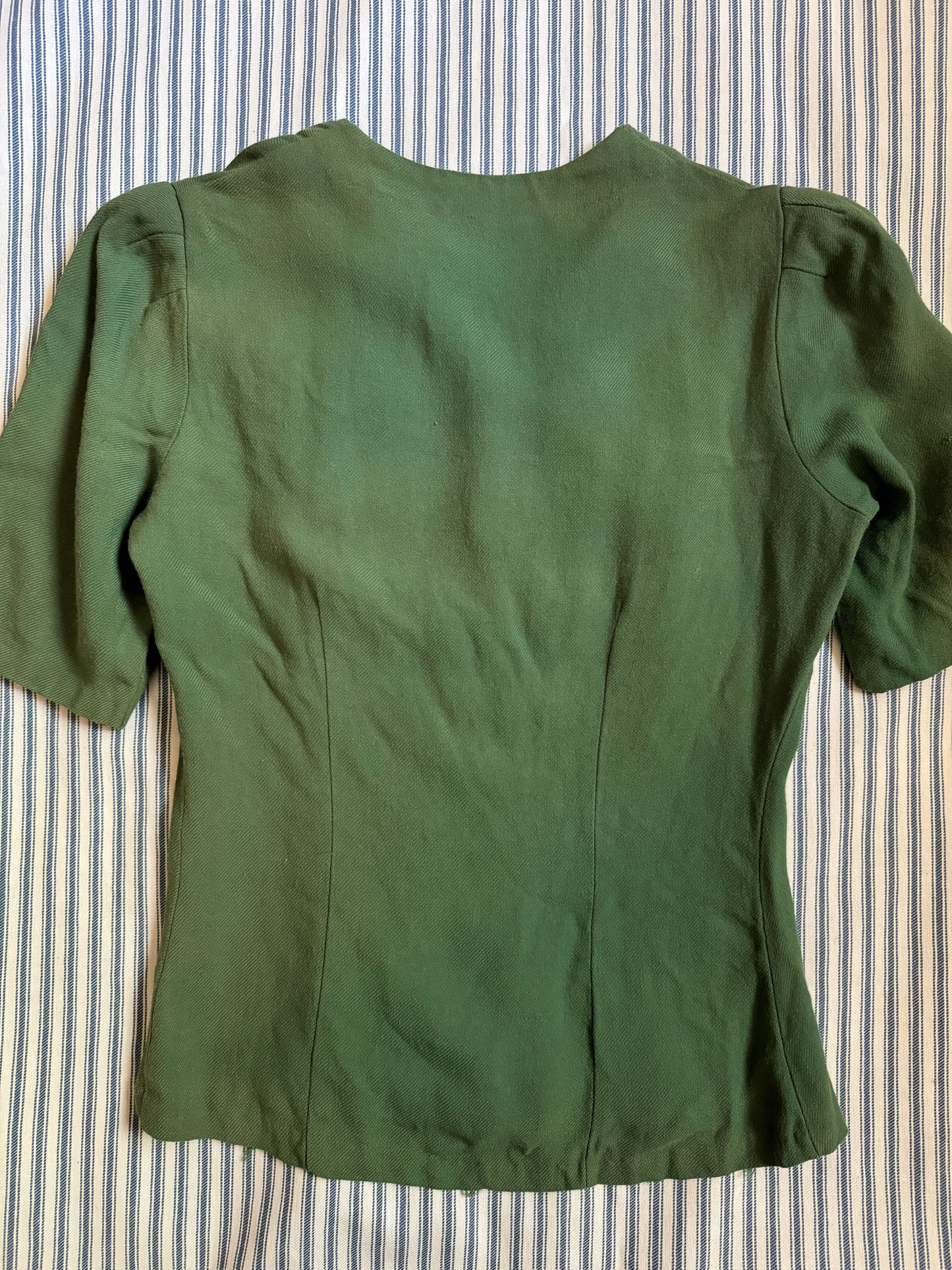 1940s Green Blouse w/ Hand Painted Bows + Felted Flowers- S