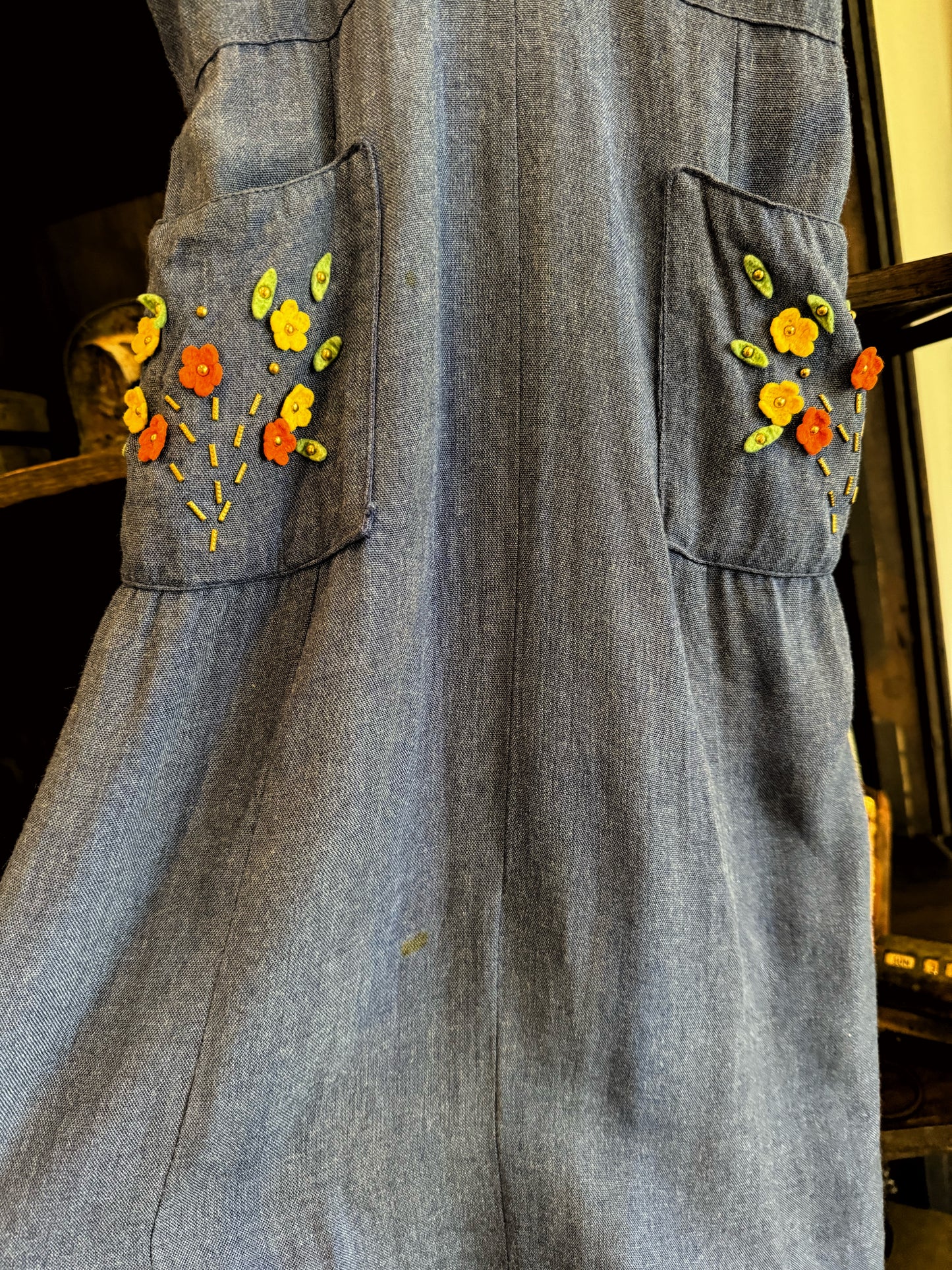 1930s Blue Day Dress w/ Puffed Shoulders + Felt Floral + Stud Pockets- S/M