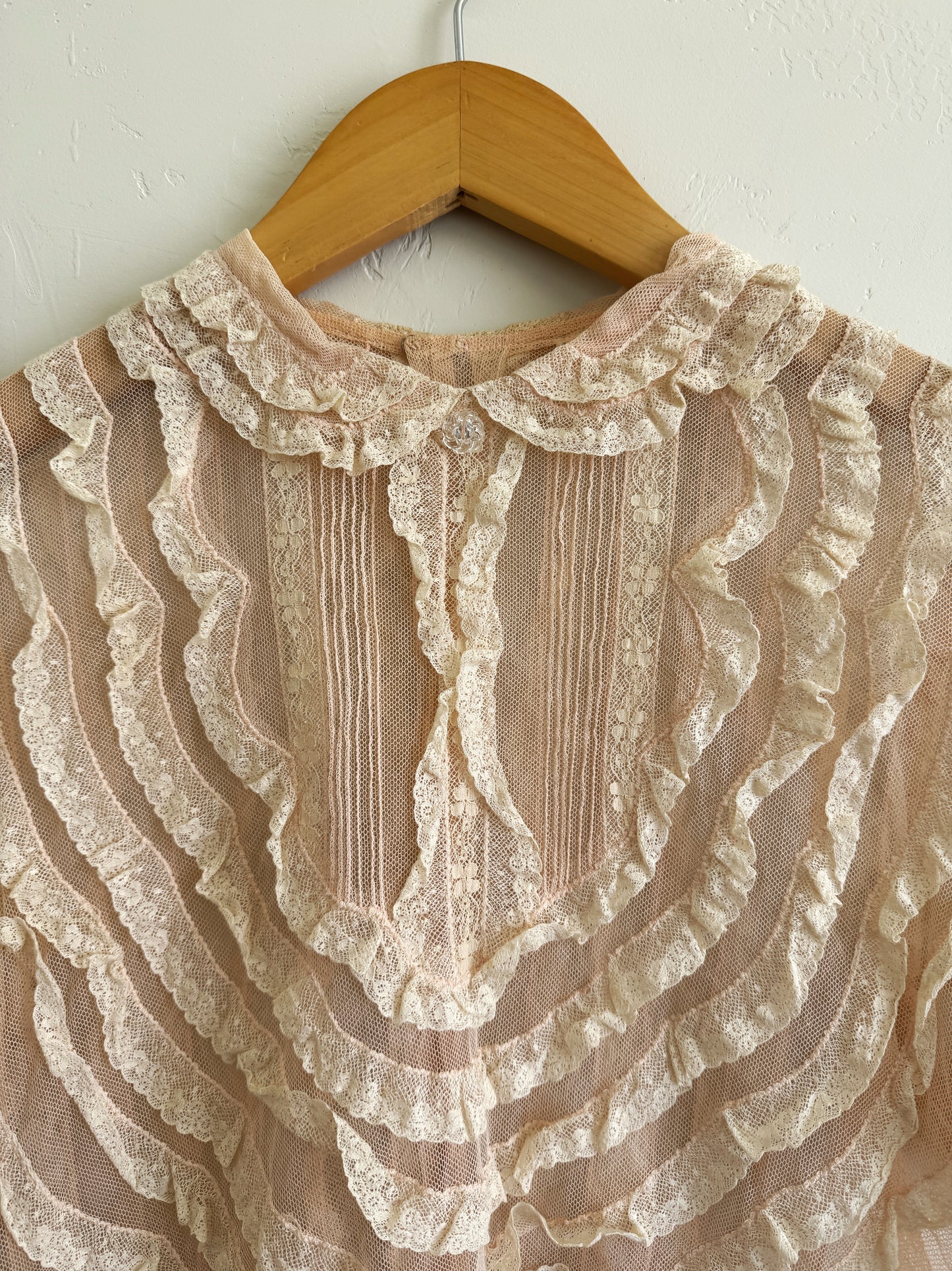 1930s/40s Blossom Pink Net + Lace Babydoll Blouse- S/M