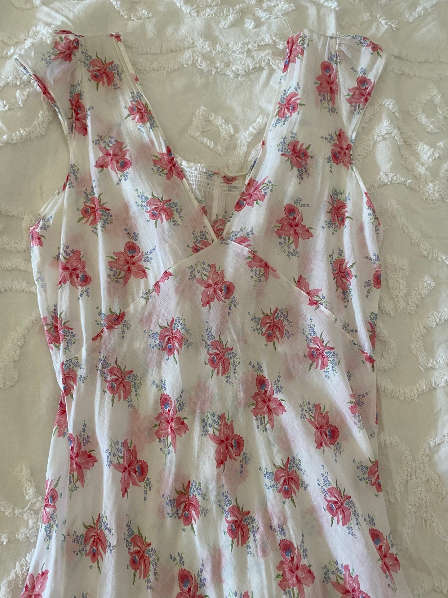 1930s/40s White Orchid Print Batiste Cotton Slip Dress- 6/8
