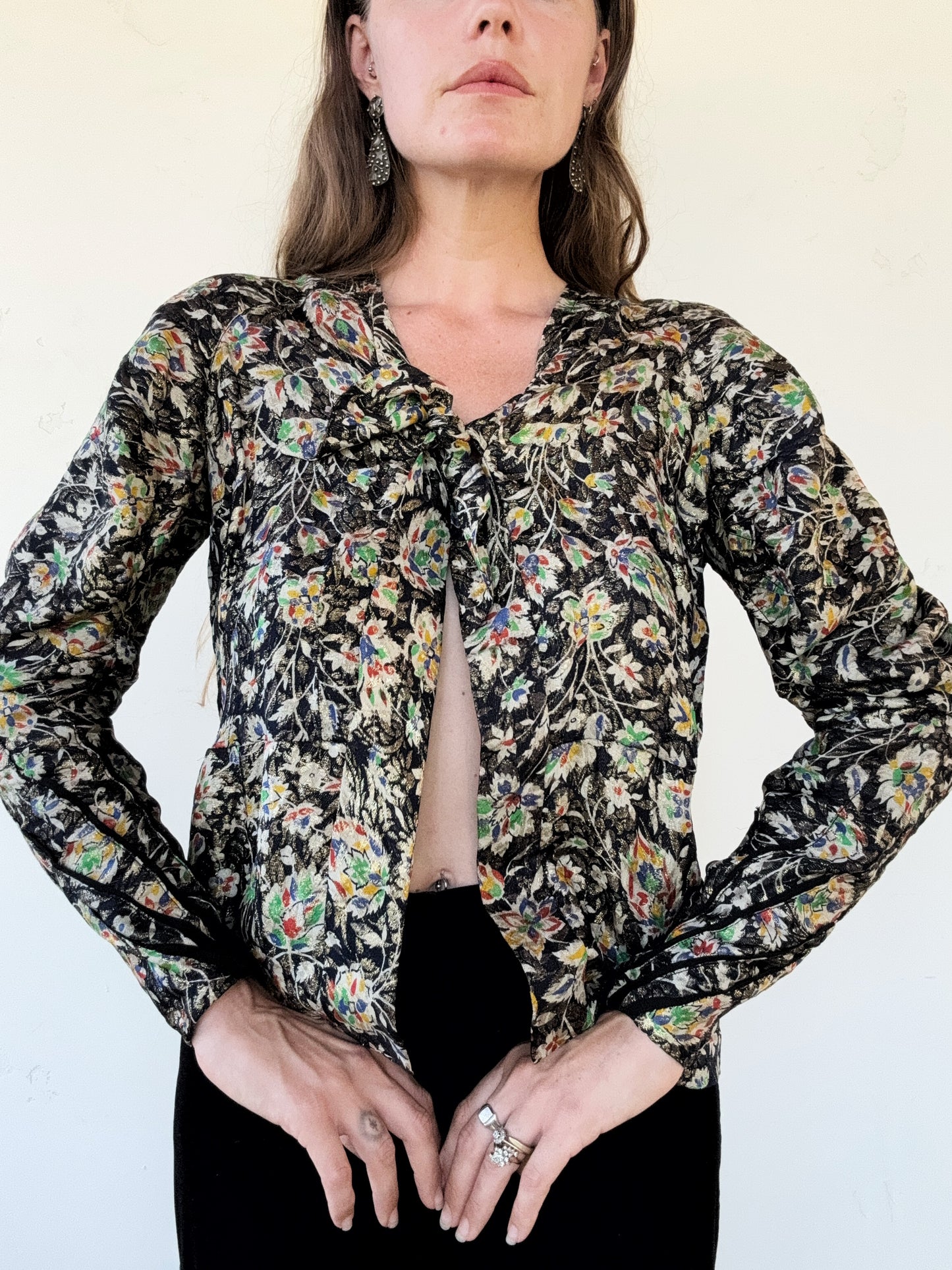 1930s Rare Rainbow Floral Lamé Mutton Sleeve Jacket- S/M