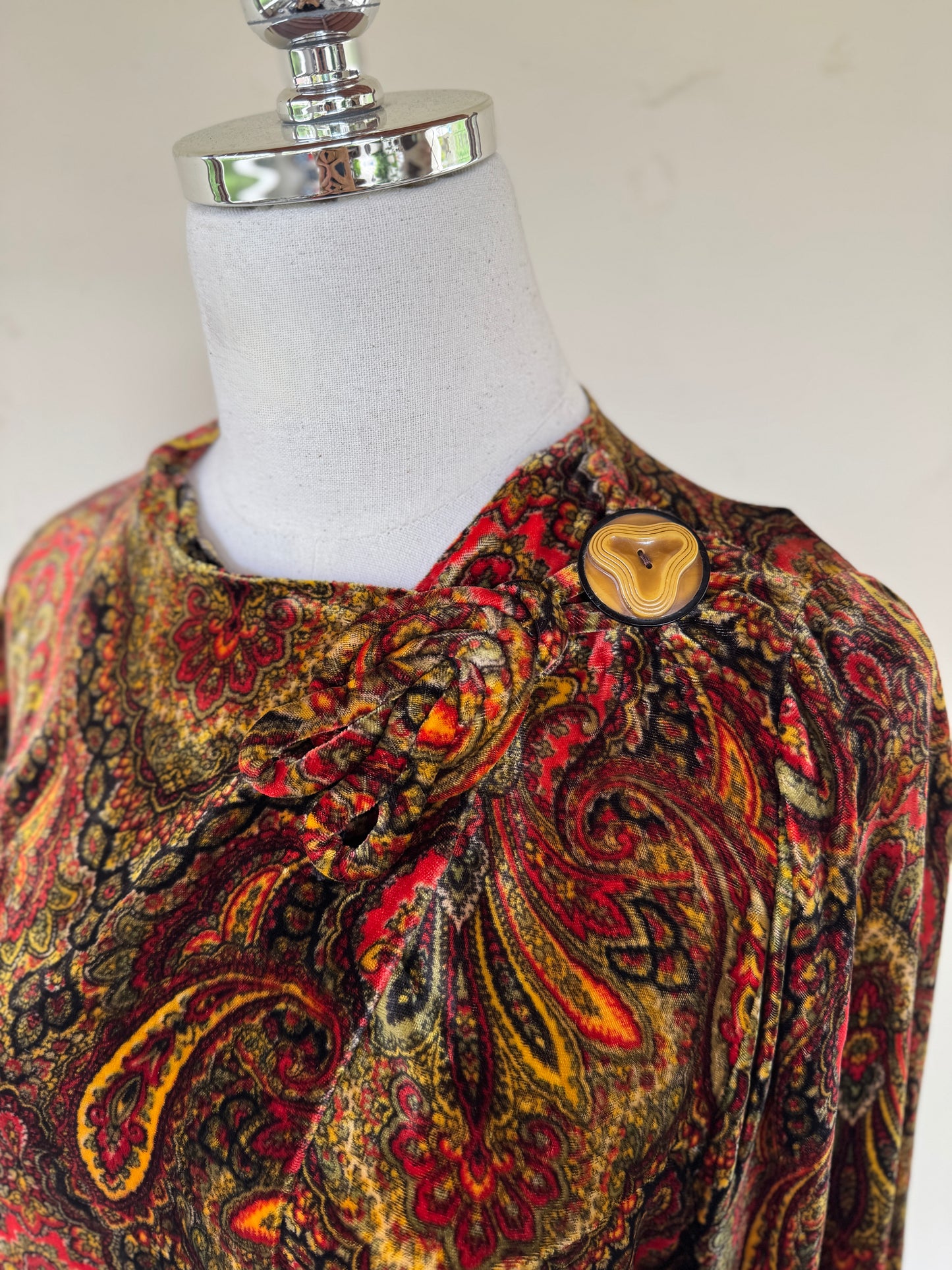 1930s Paisley Silk Velvet Jacket w/ Large Celluloid Button- S/M
