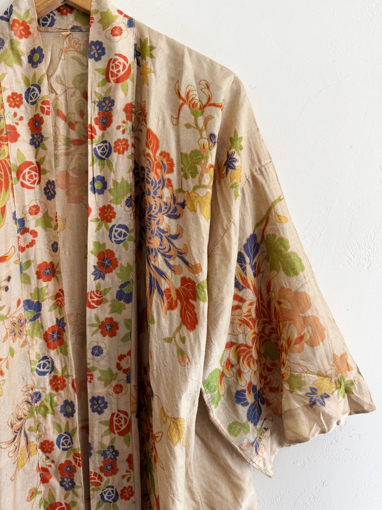 1920s Chartreuse Pongee Silk Duster w/ Chrysanthemum + Autumnal Leaves