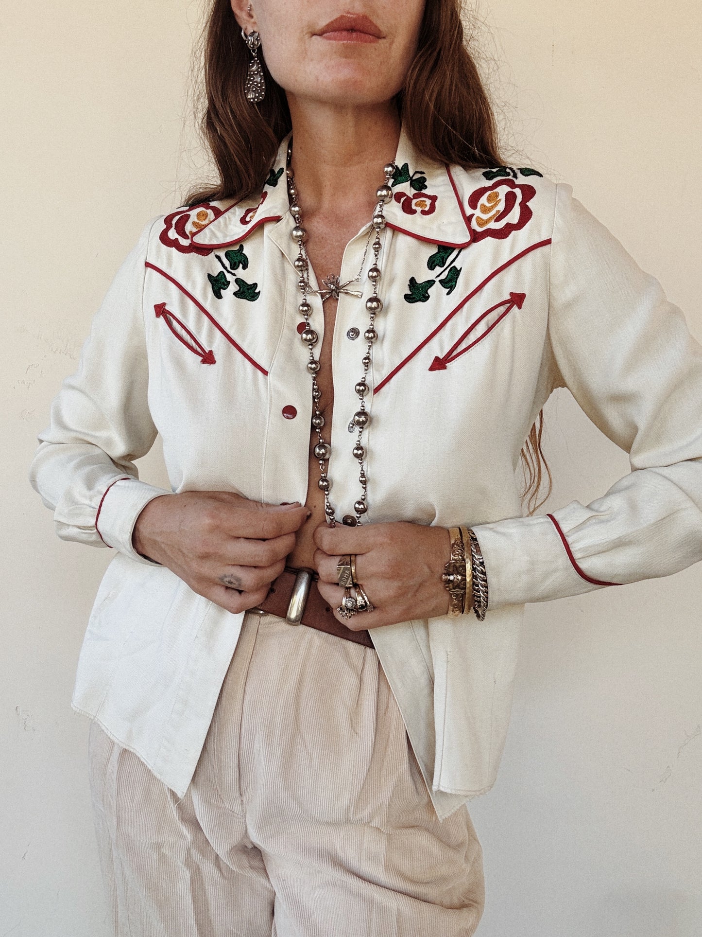 1940s Ivory Western Floral Chain Stitched Blouse- S/M