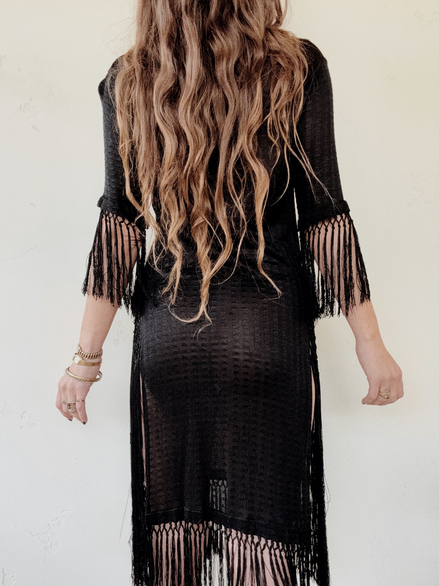 1920s Black Knit Rayon Jersey Fringe Dress- S/M