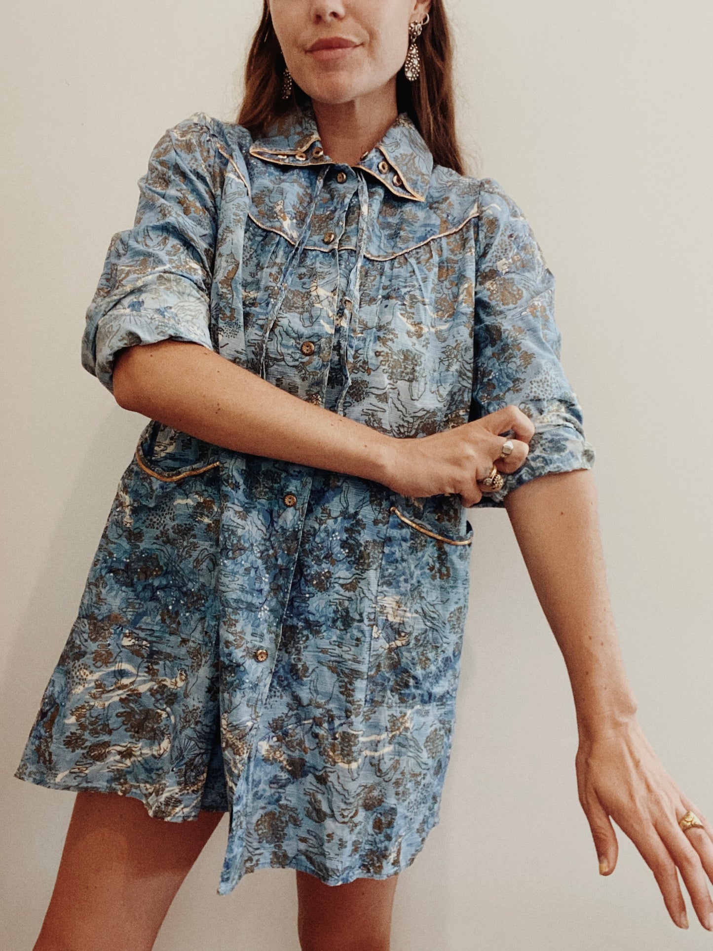 1950s Blue + Gold Cotton Chinoiserie Print Smock- M