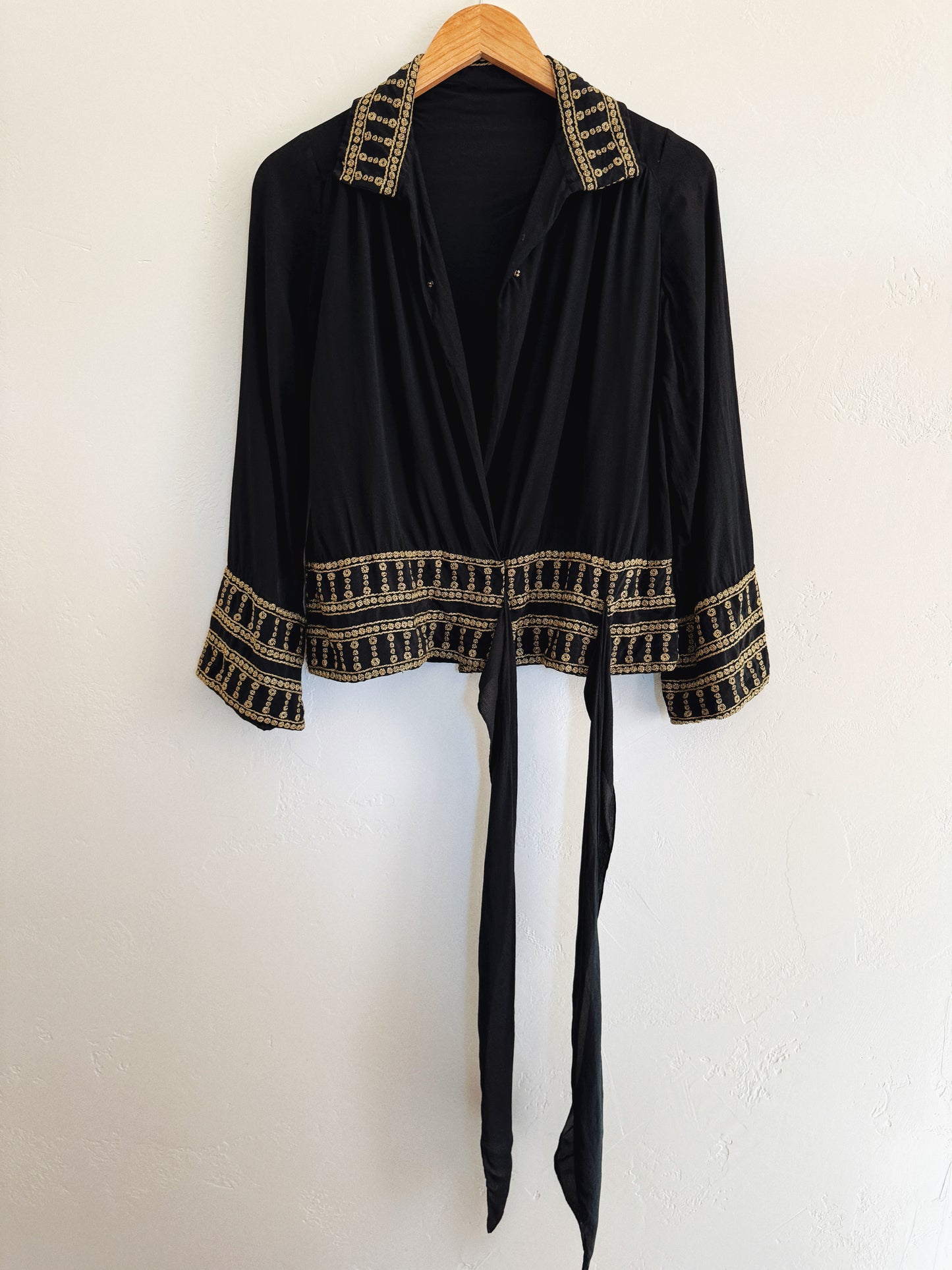 1920s/30s Grecian Black Silk Crepe Blouse w/ Gold Embroidery- S/M