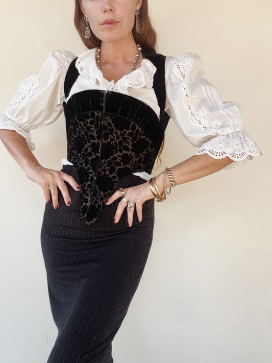 Antique Black Devoré Velvet Swiss Waist Corset- S/M