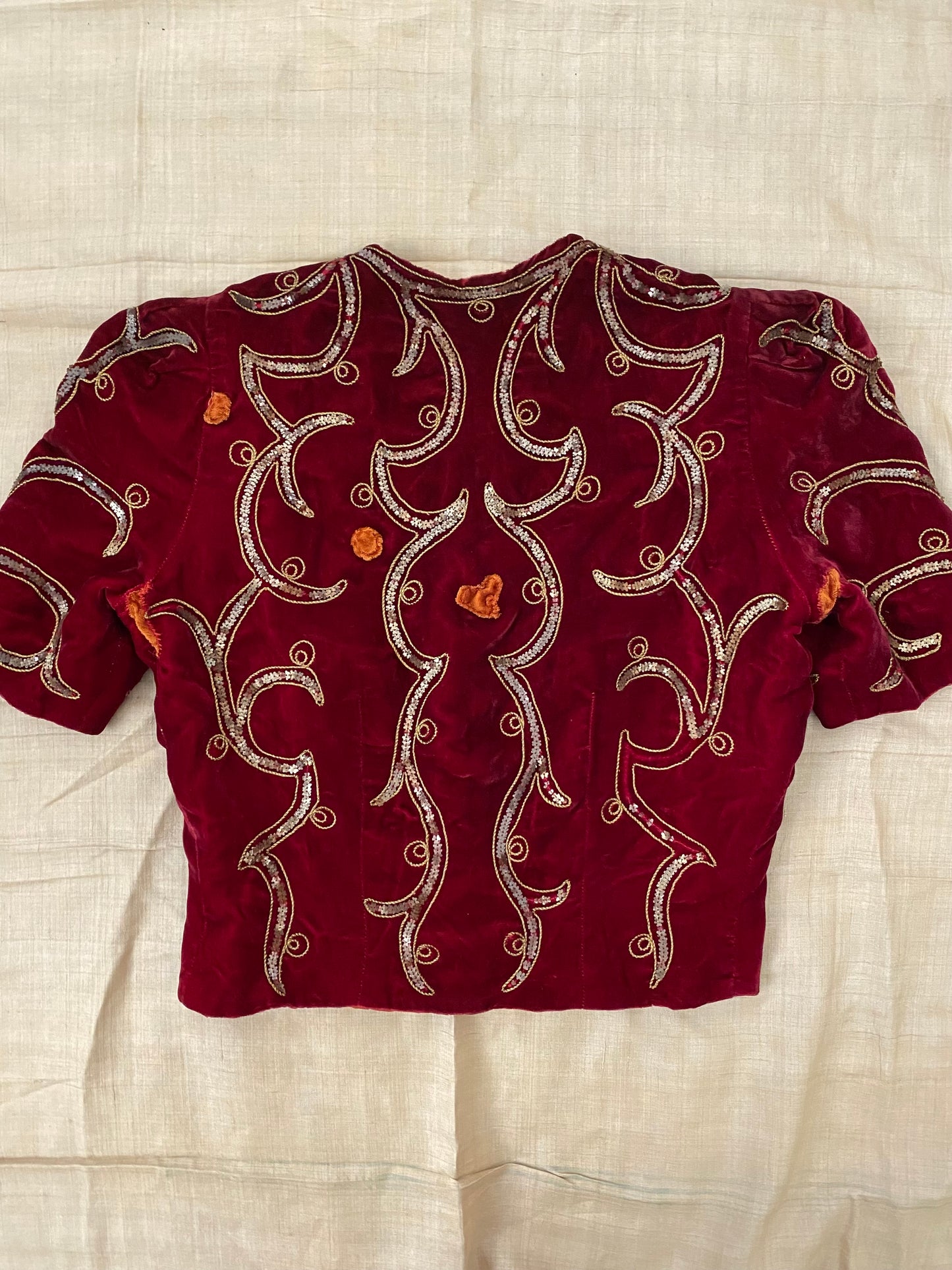 1930s Blood Red Silk Velvet Sequin Cropped Top w/ Bell Zip- S