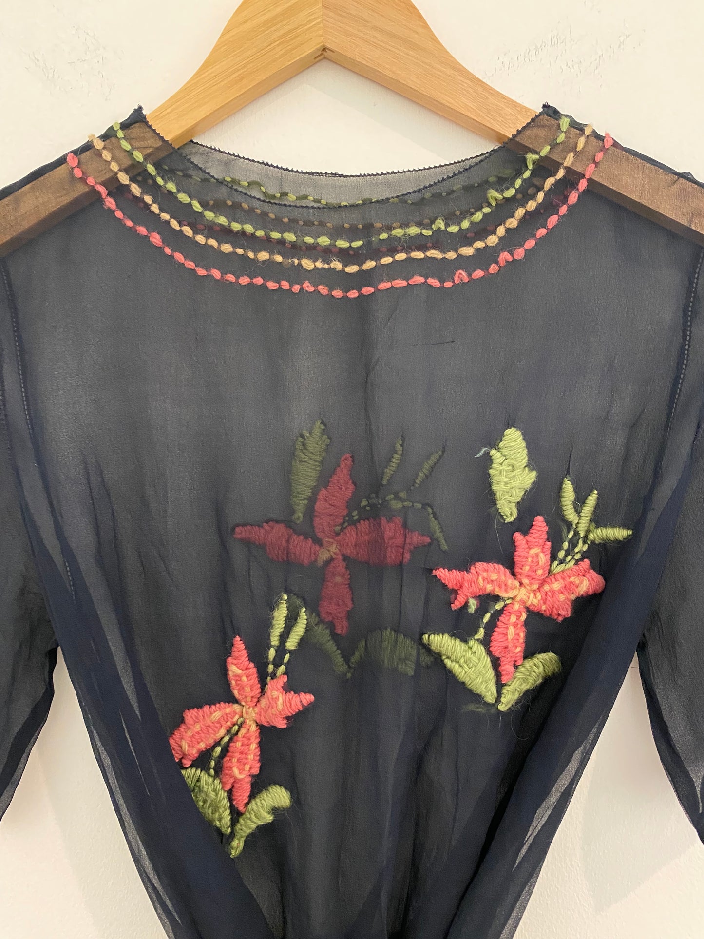 1920s Black Chiffon Top W/ Floral Embroidery- S/M
