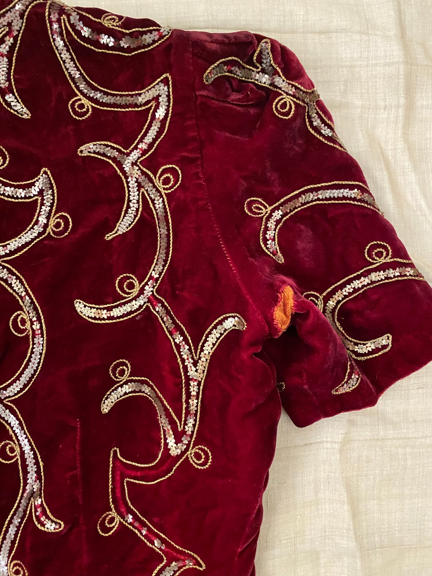 1930s Blood Red Silk Velvet Sequin Cropped Top w/ Bell Zip- S