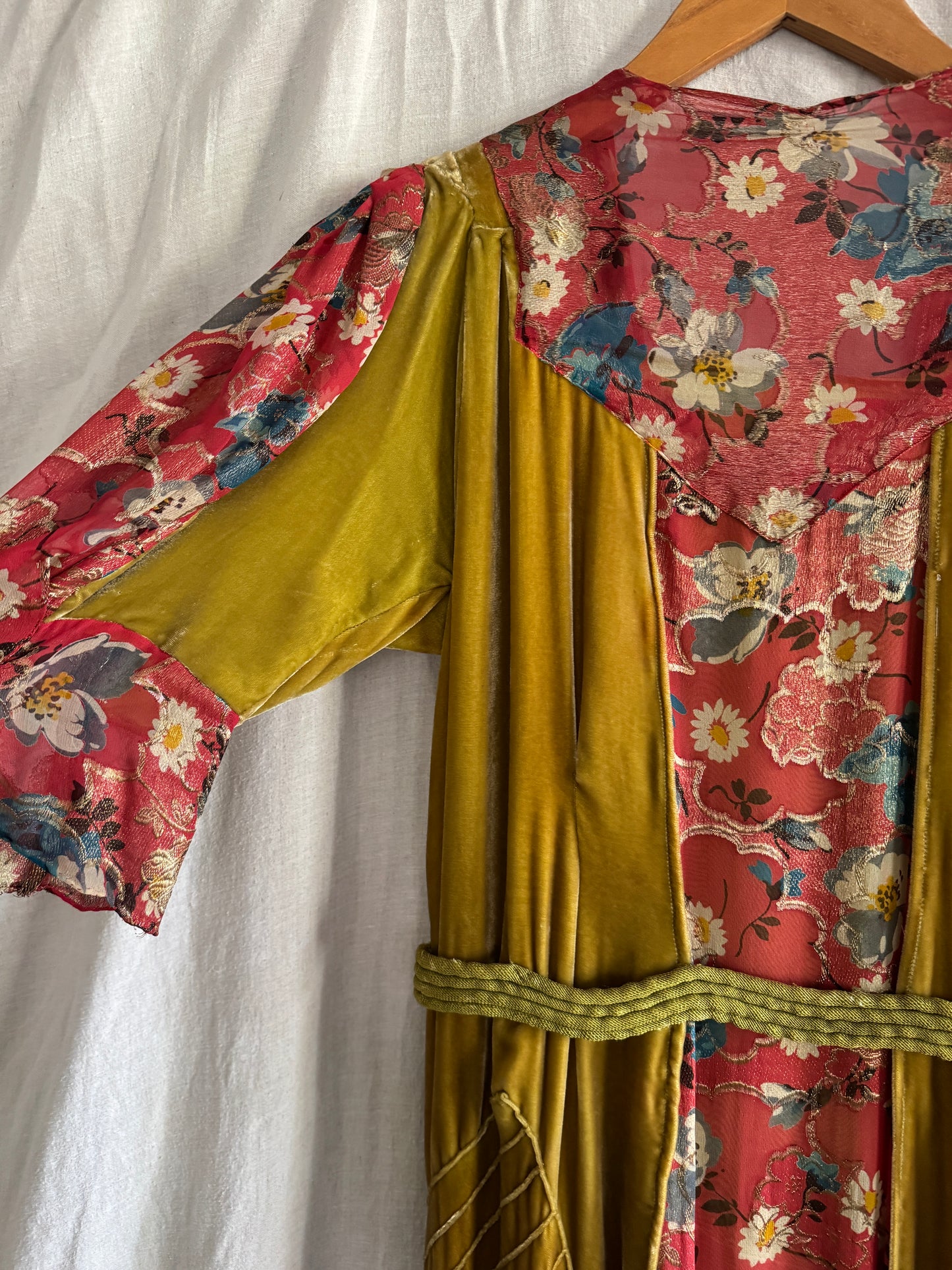 1930s Medieval Golden Velvet + Red Floral Lamé Gown- S/M