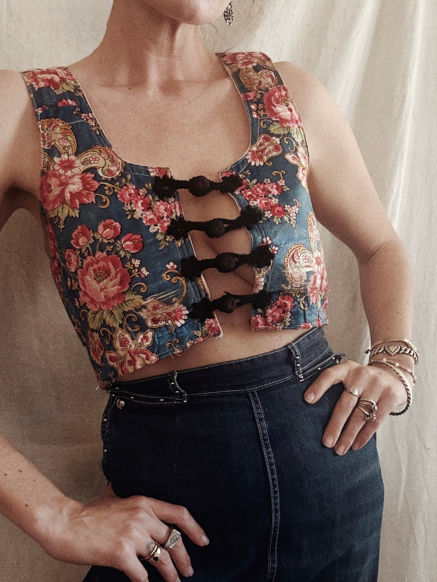 Antique Eastern European Silk Rose Folk Bodice Vest- S/M