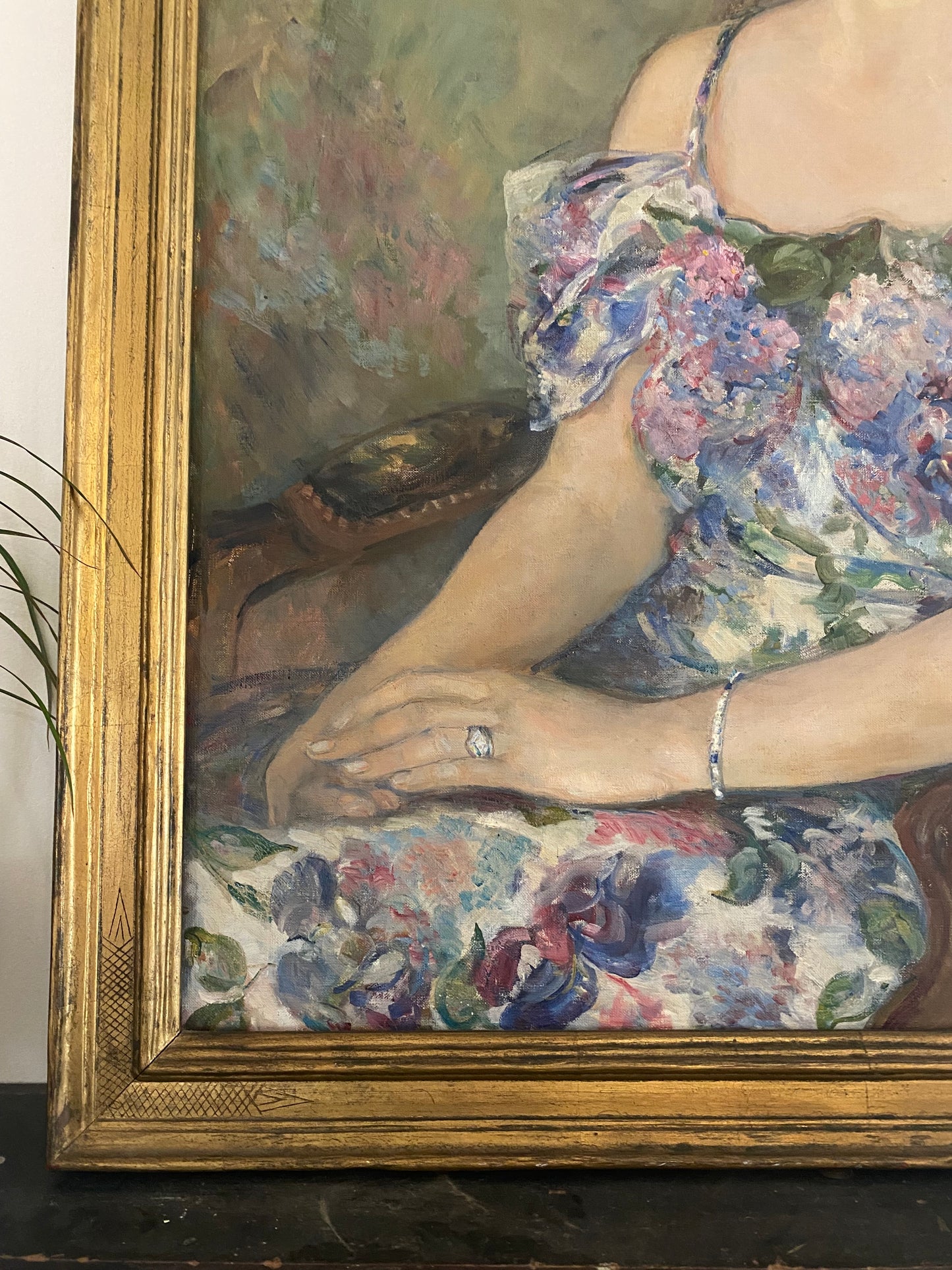 1930s Large Sage + Violet Portrait of a Woman in Gilt Frame- 29 x 37”