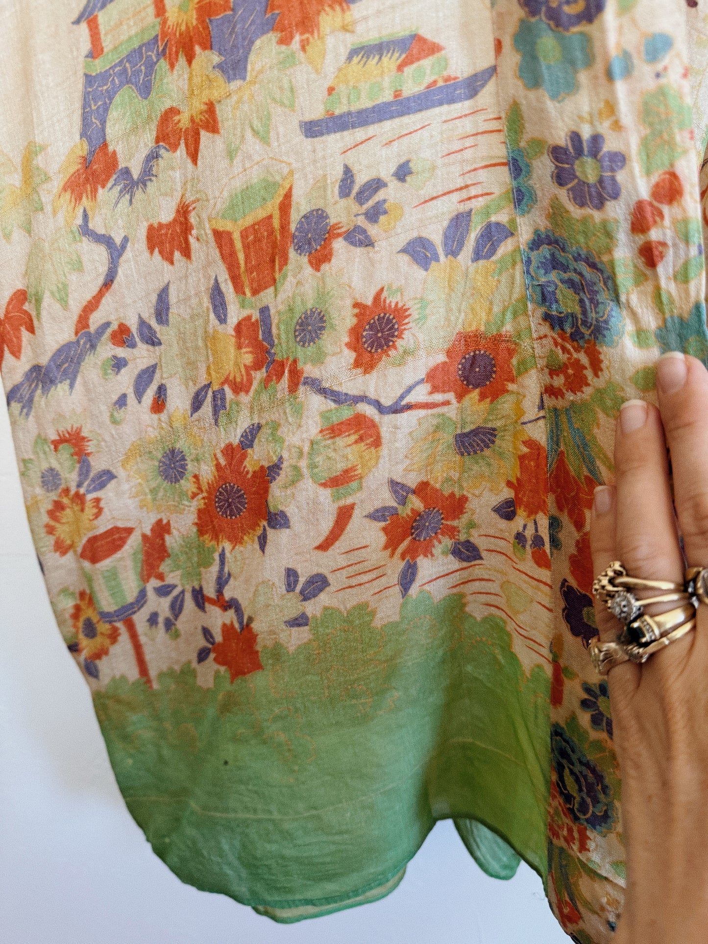 1920s Vibrant Pongee Silk Long Duster Robe