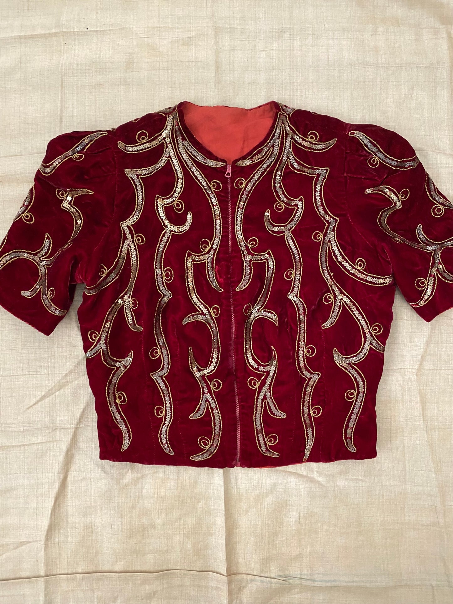 1930s Blood Red Silk Velvet Sequin Cropped Top w/ Bell Zip- S