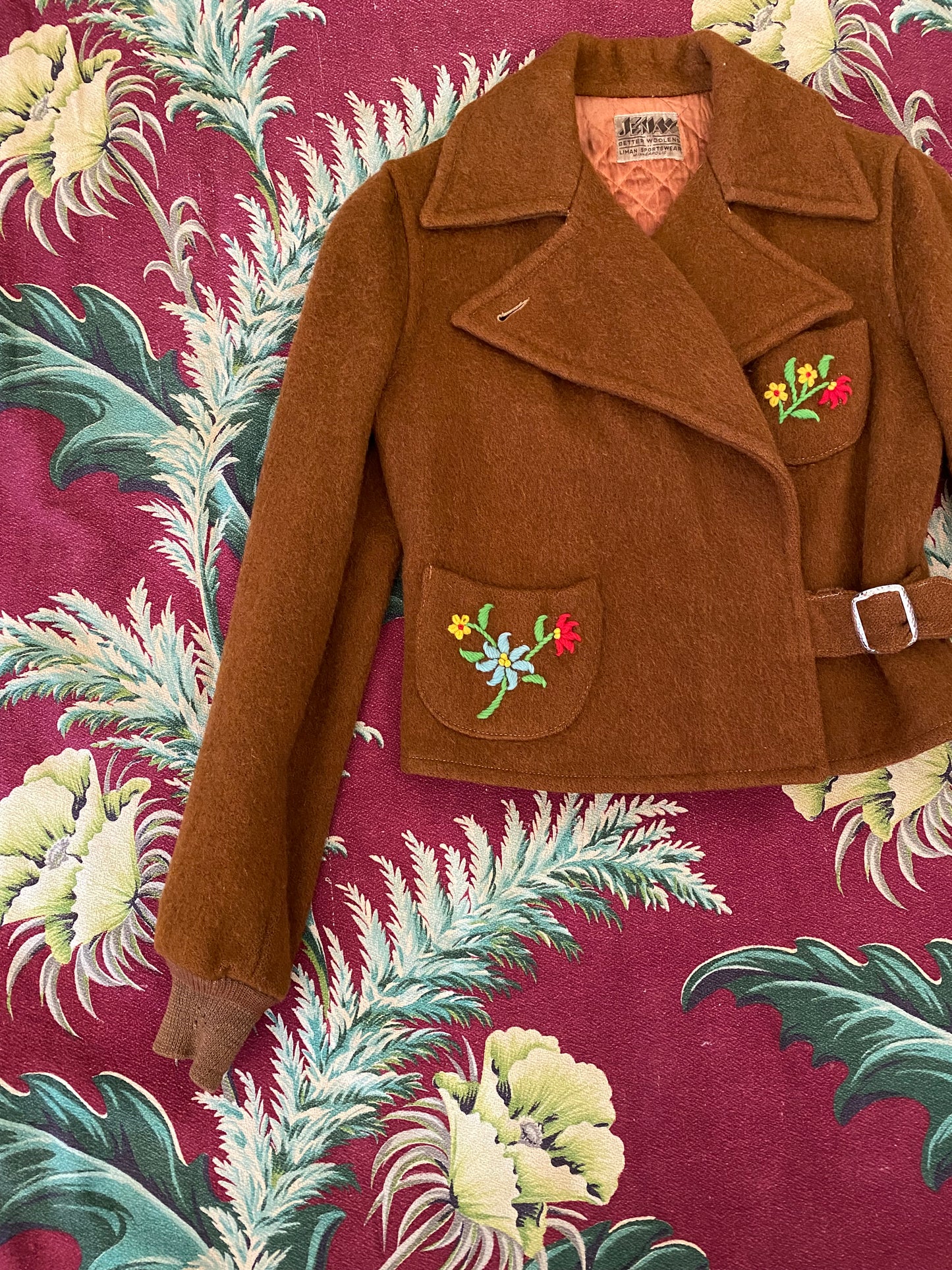 1930s Rare Brown Embroidered Cropped Ski Winter Jacket- S/M