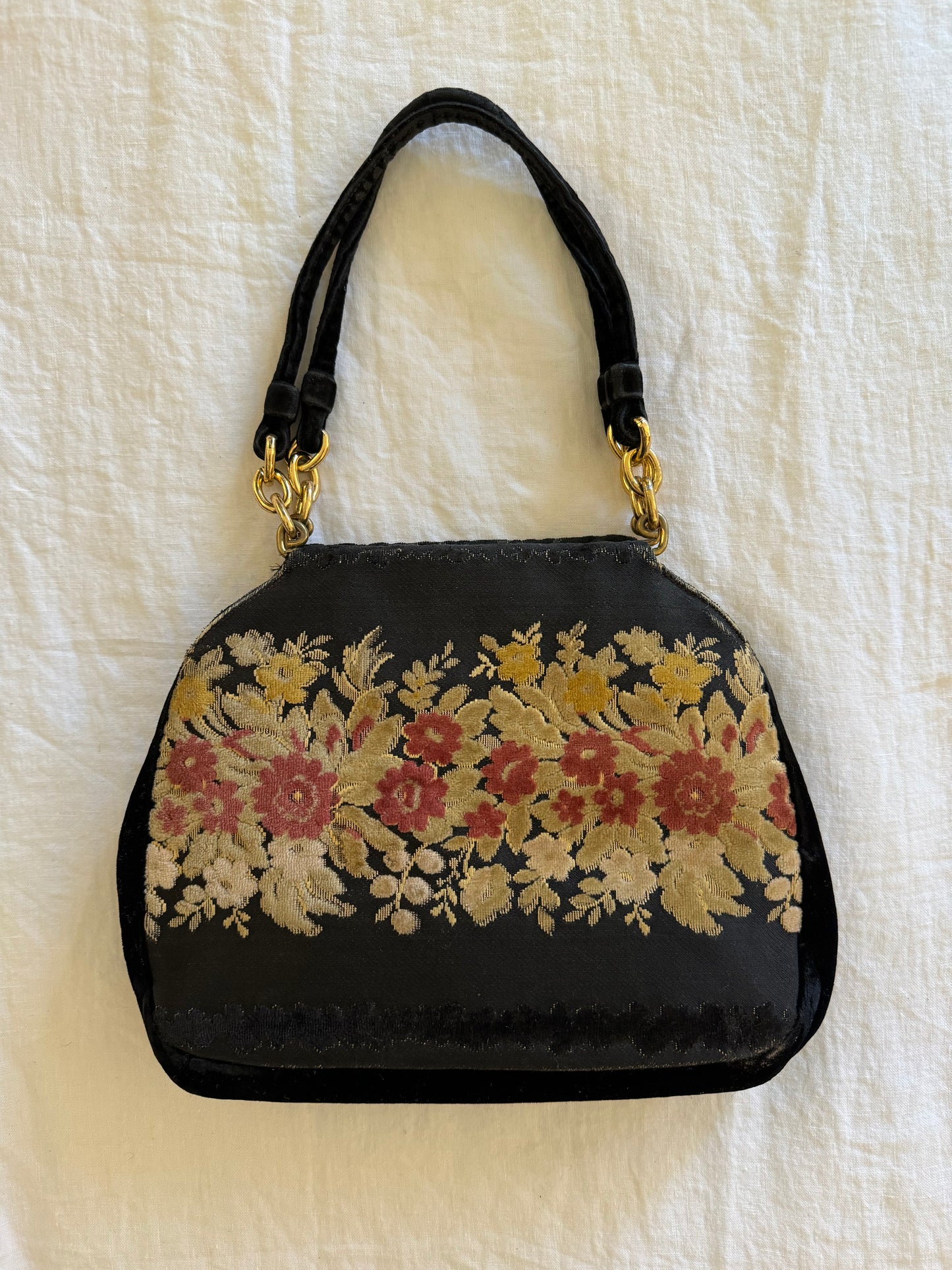 1940s Black Burnout Floral Velvet Bienen Davis Chain Handbag