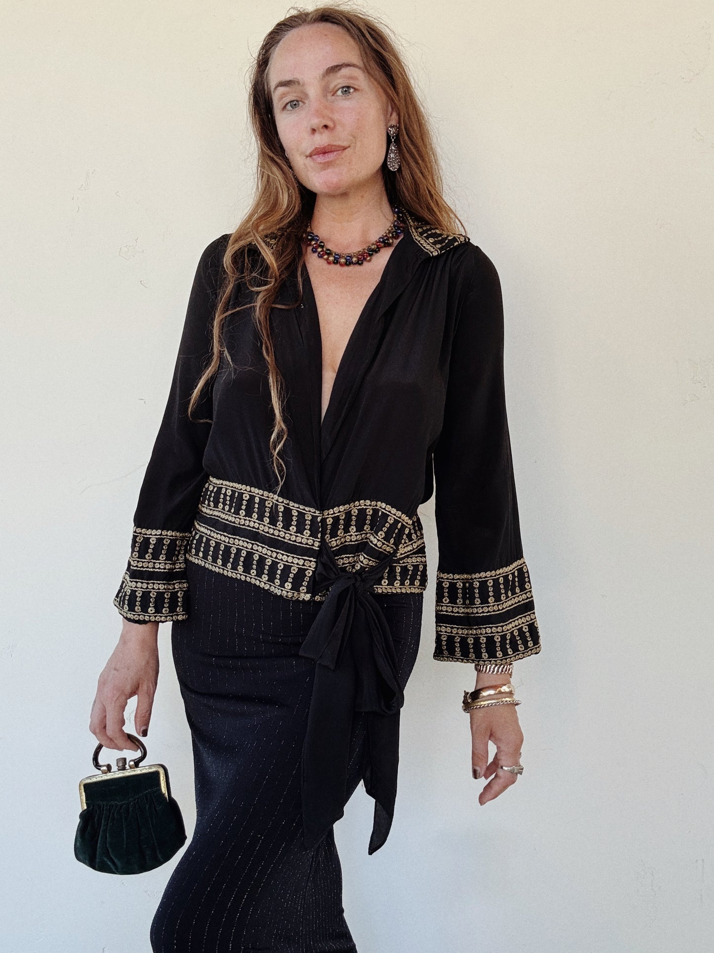 1920s/30s Grecian Black Silk Crepe Blouse w/ Gold Embroidery- S/M