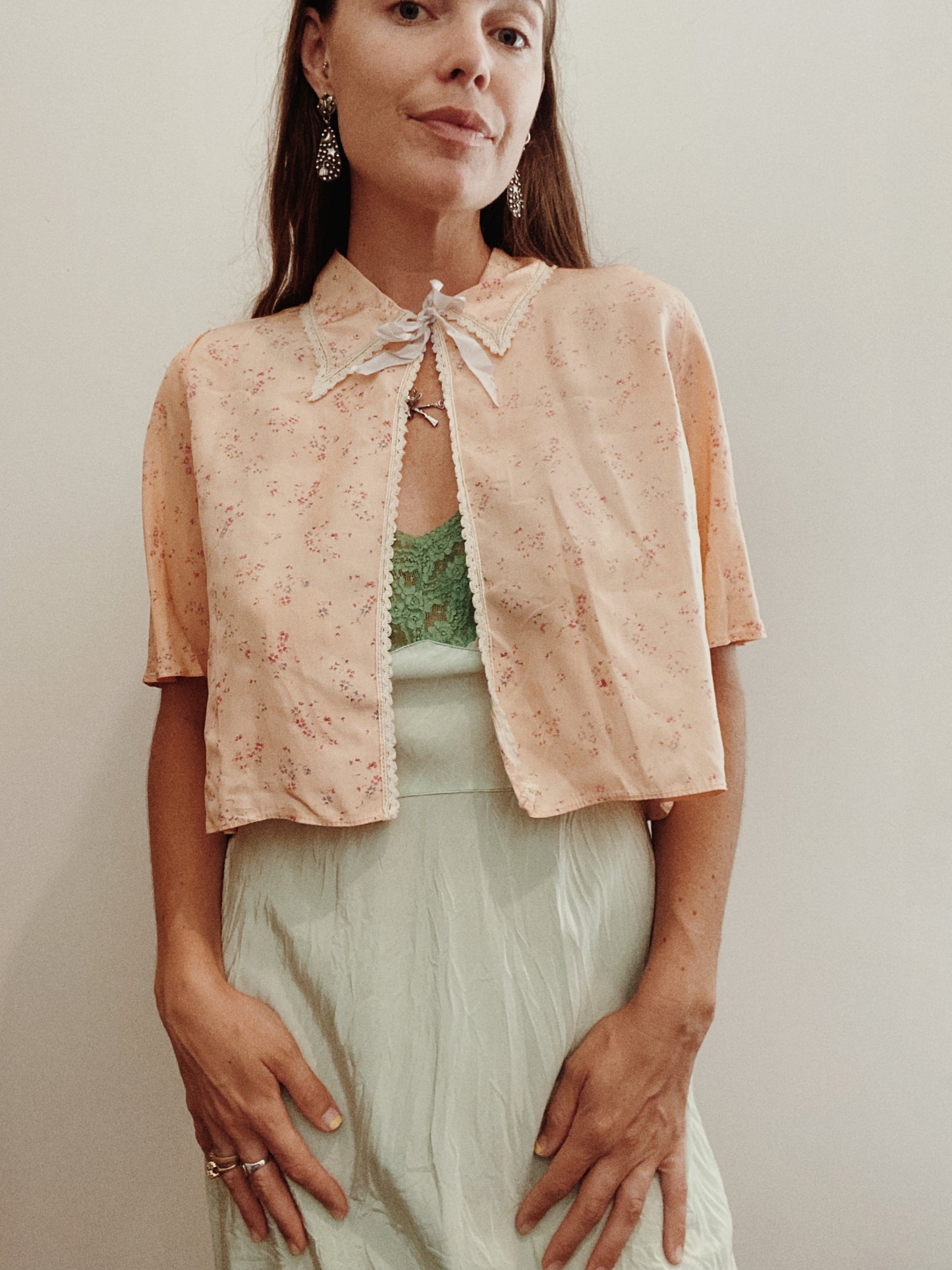 1930s/40s Pink Floral Rayon Bed Jacket Blouse- S/M