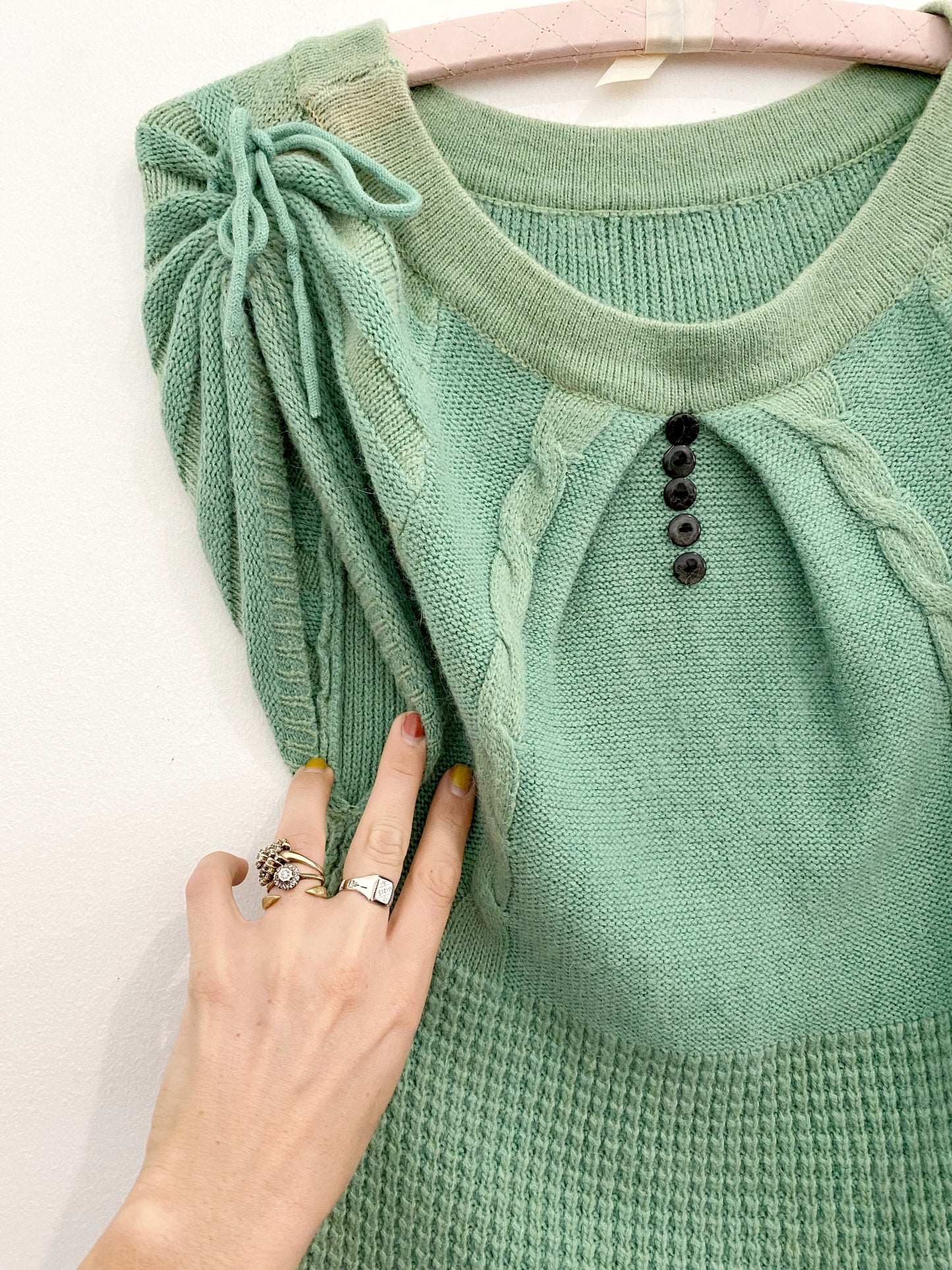 1960s/70s- Minty Green Waffle Knit Mini Dress- S