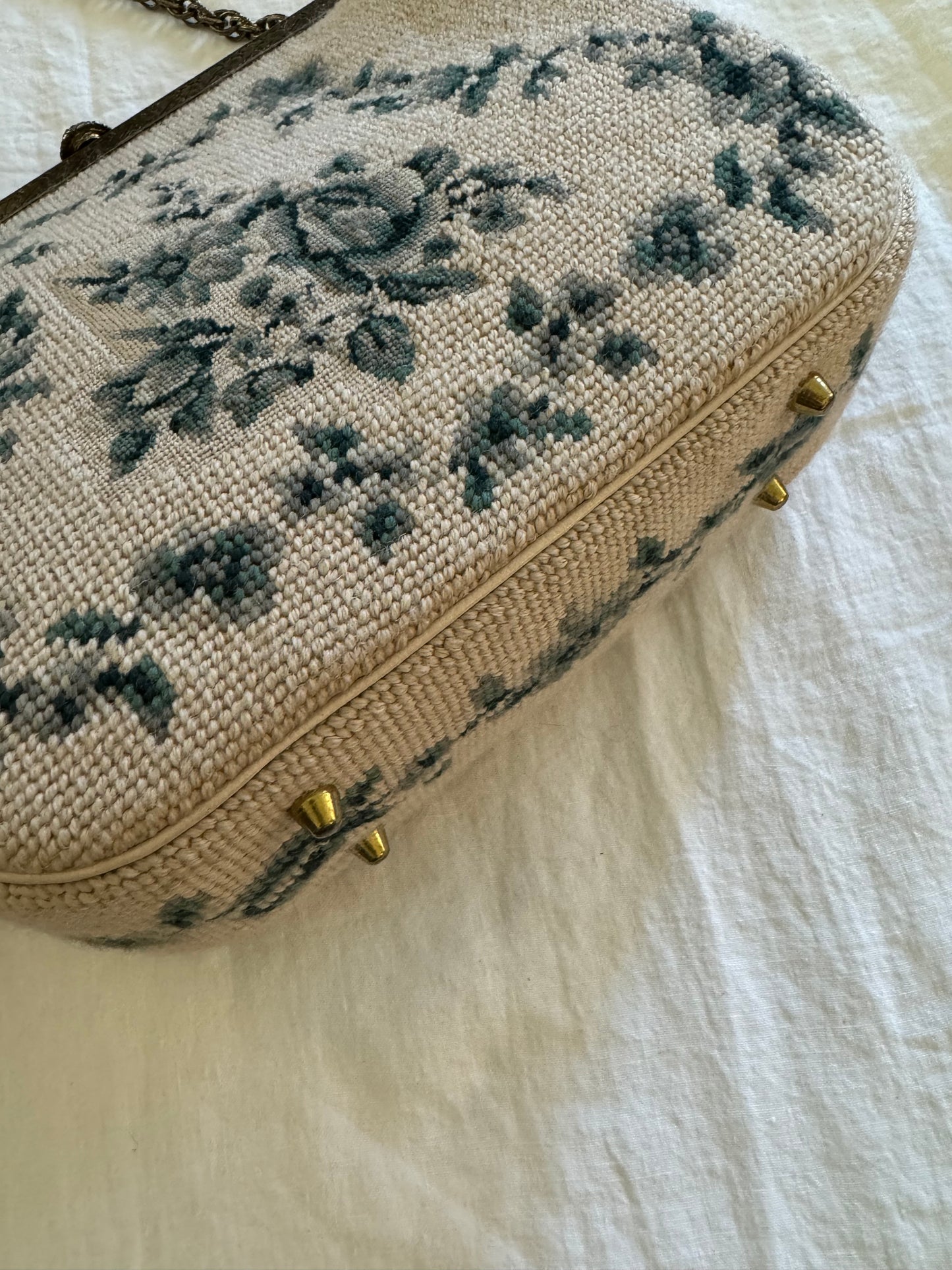 1960s Creme + Blue Green Large Needlepoint Handbag