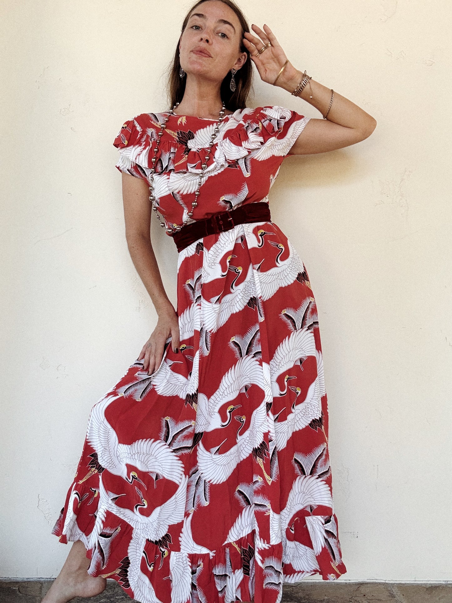 1940s Rare Red Crane Hawaiian Cold Rayon Dress- L