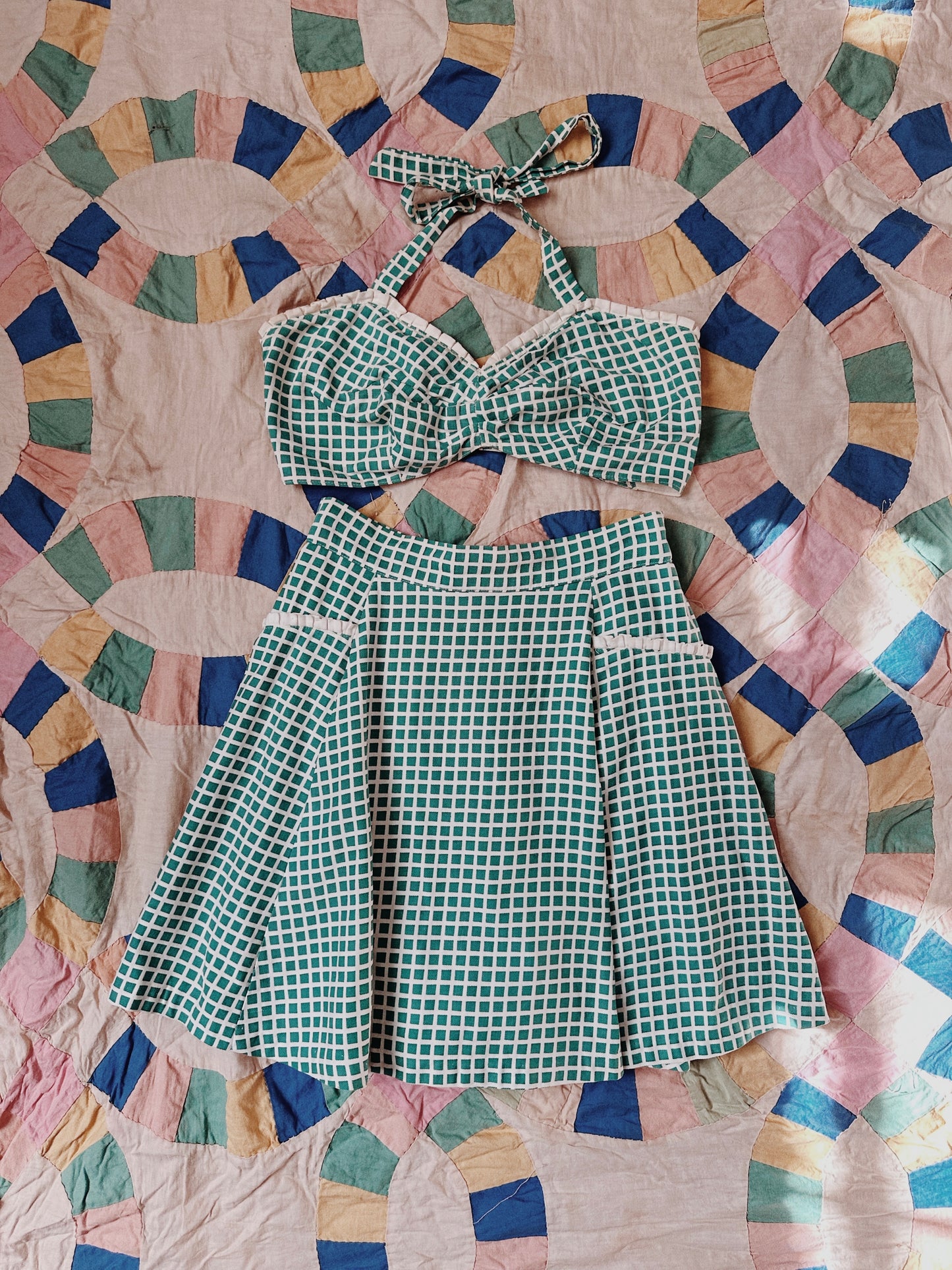 1940s White + Green Cotton Playsuit Set- XS/S