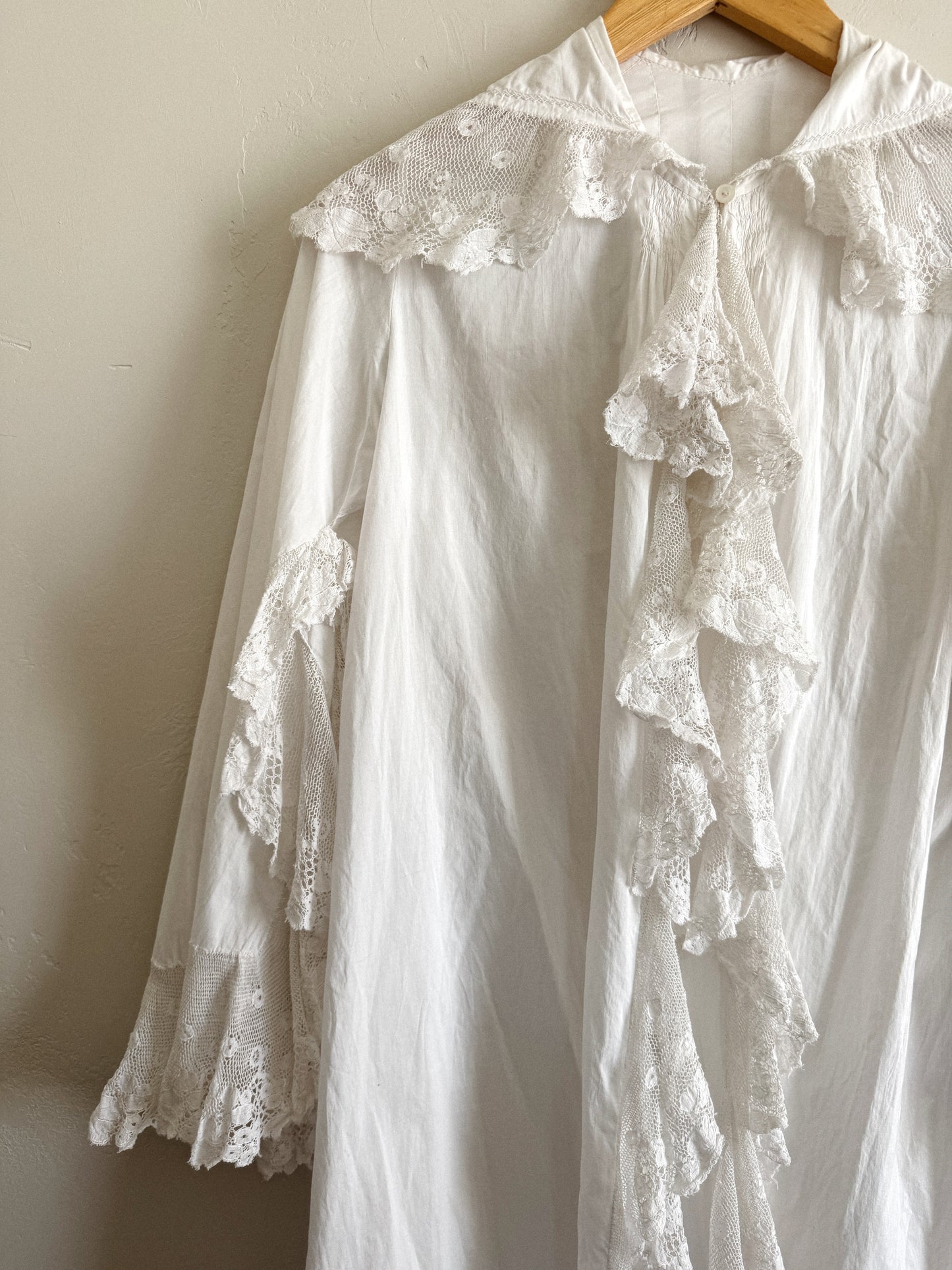 Edwardian White Angel Sleeve Boudoir Robe w/ Handmade Lace- S-S/M