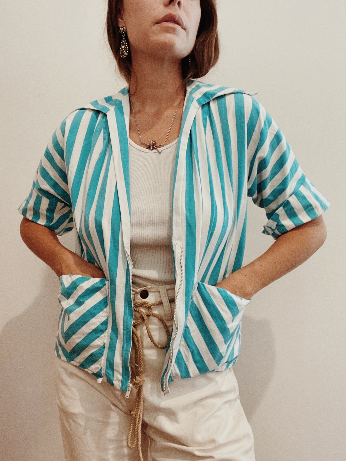 1950s White + Blue Striped Cotton Sportswear Cabana Top- M
