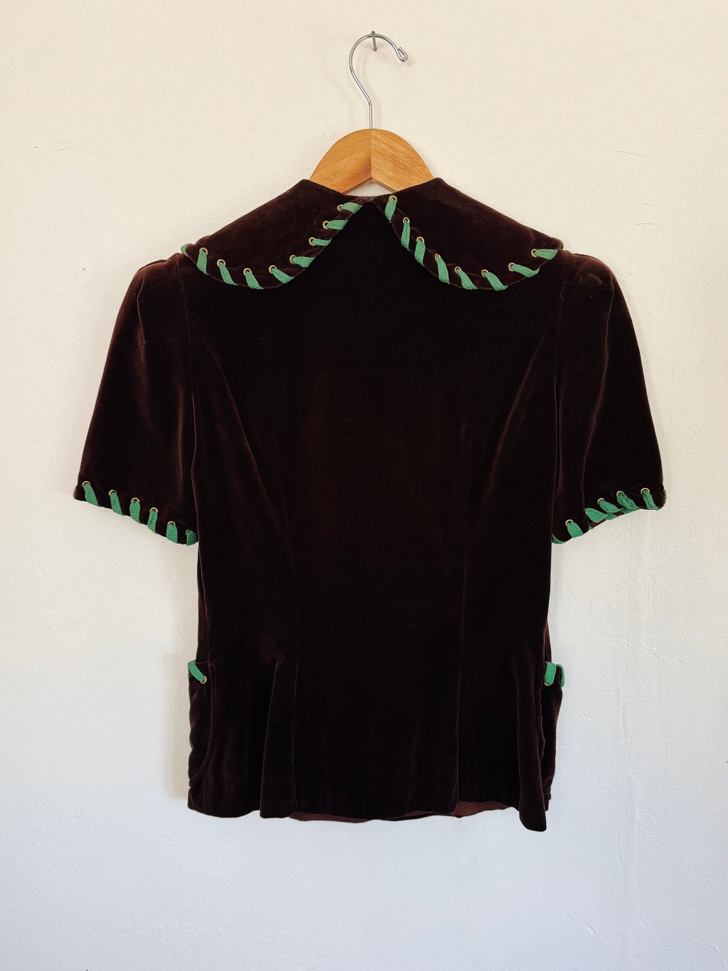 1940s Chocolate Velvet Top w/ Green Laced Trim + Brass Buttons- S-S/M