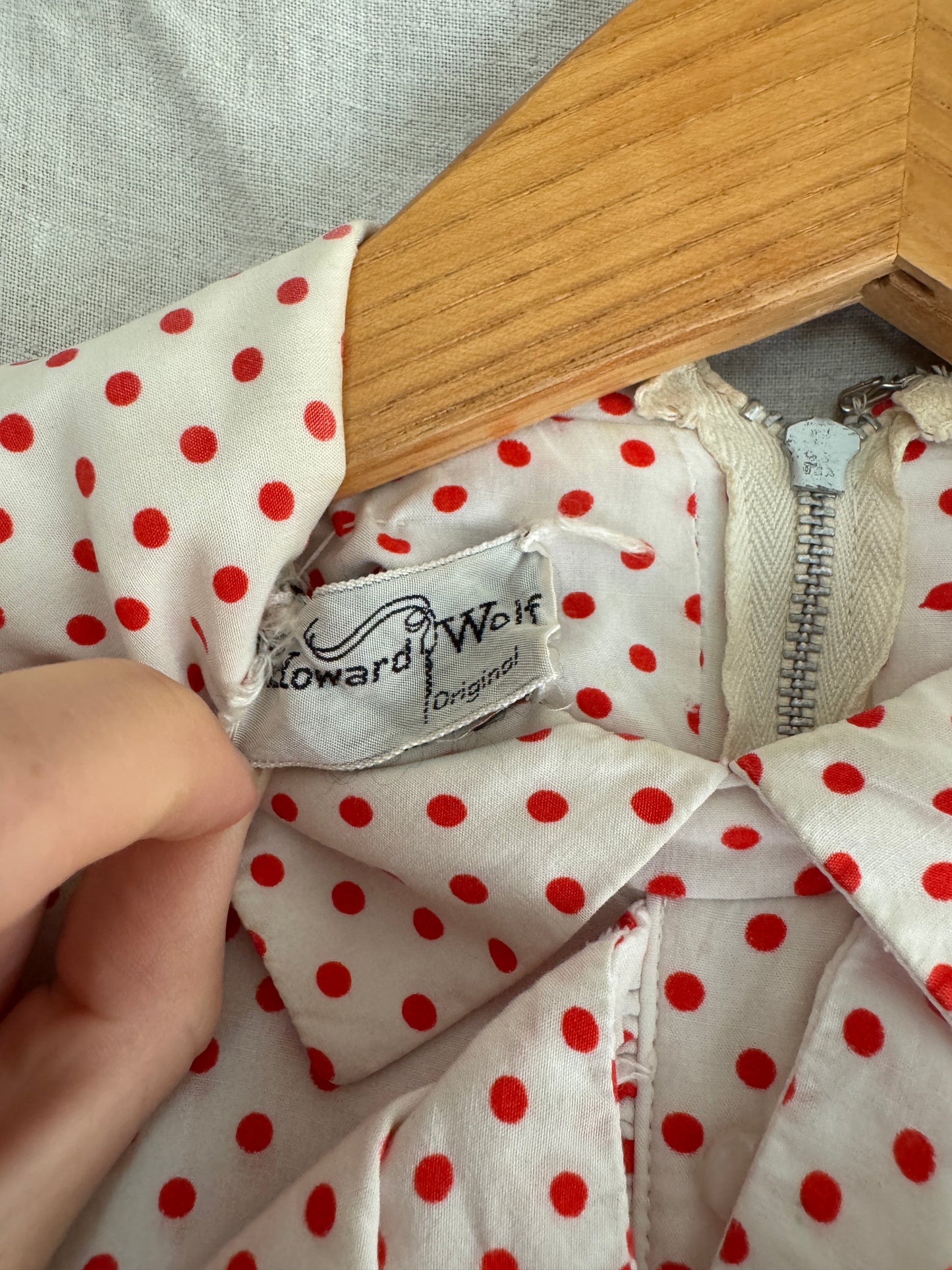 1940s/50s Cold Rayon White + Red Polka Dot Day Dress- S