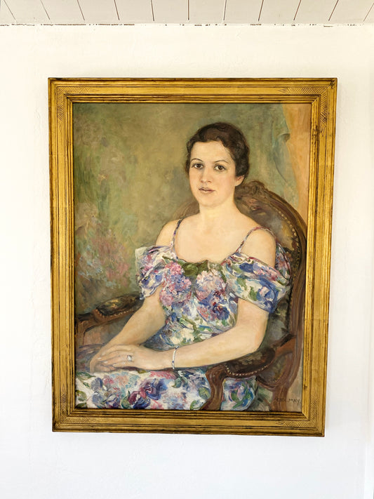 1930s Large Sage + Violet Portrait of a Woman in Gilt Frame- 29 x 37”