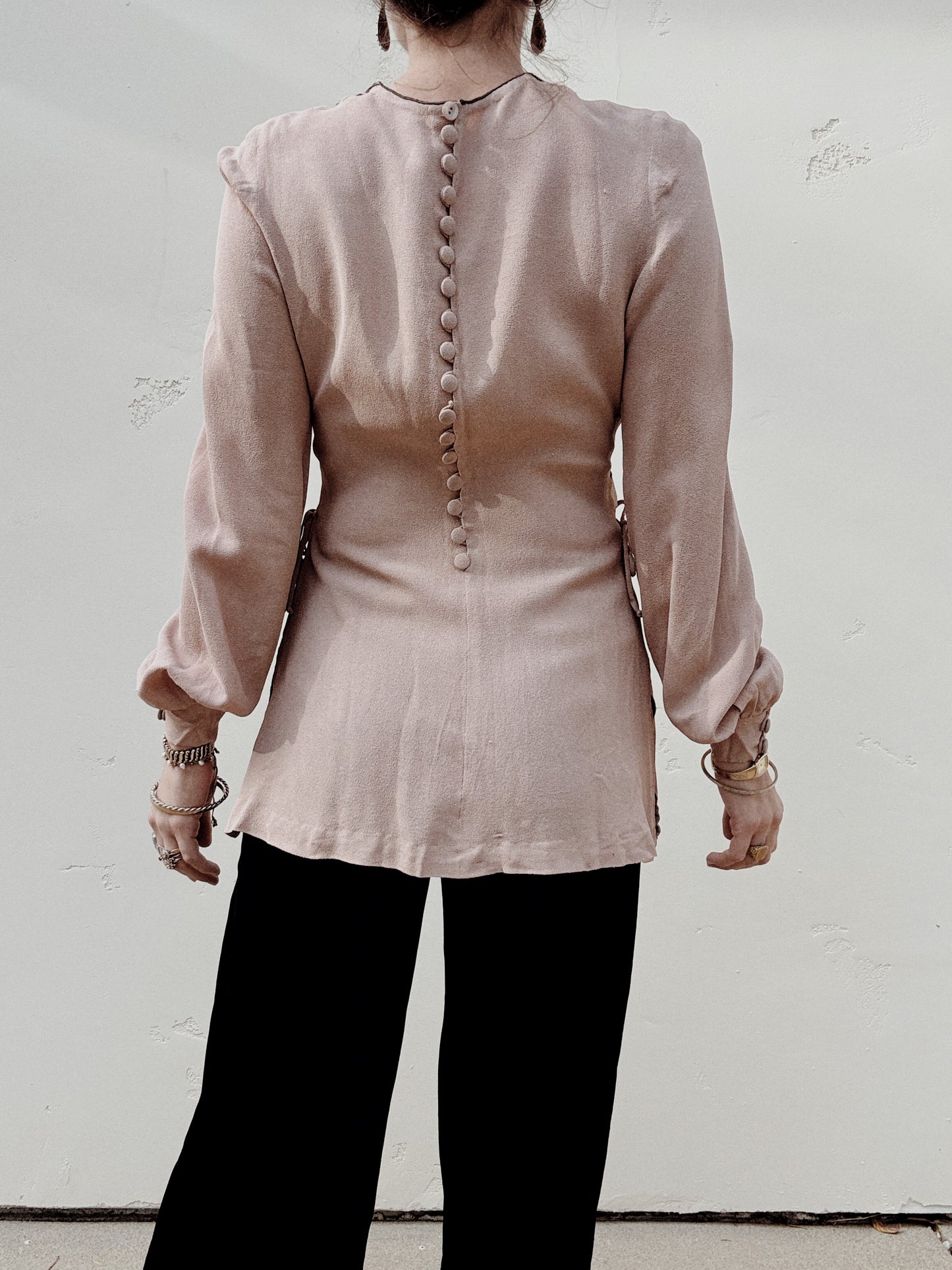 1940s Dusty Mauve Crepe Lattice Blouse w/ Lace Up Sides- S/M