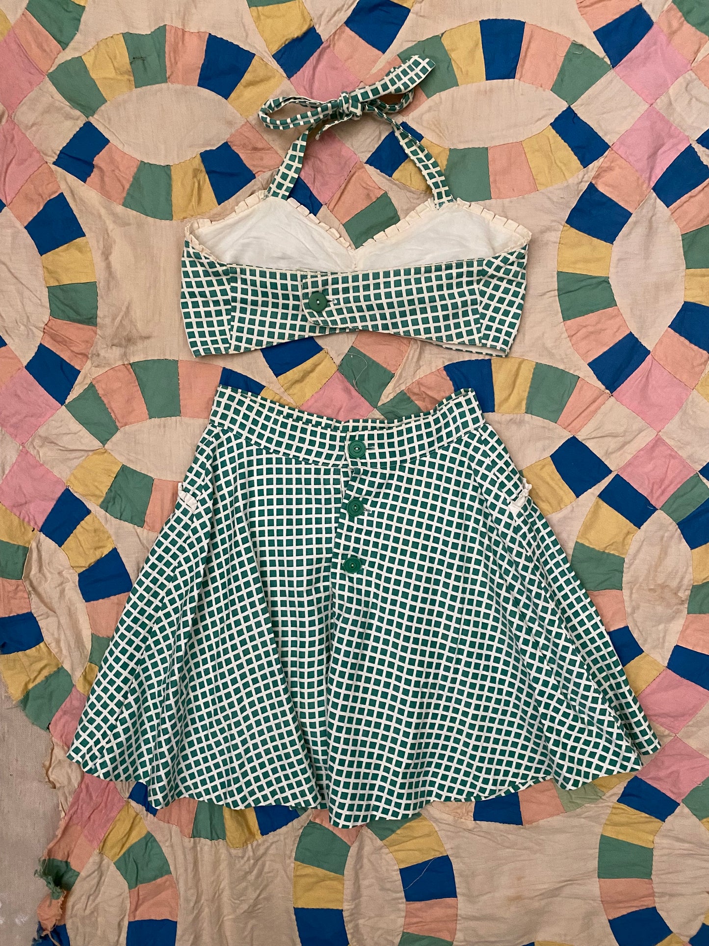 1940s White + Green Cotton Playsuit Set- XS/S