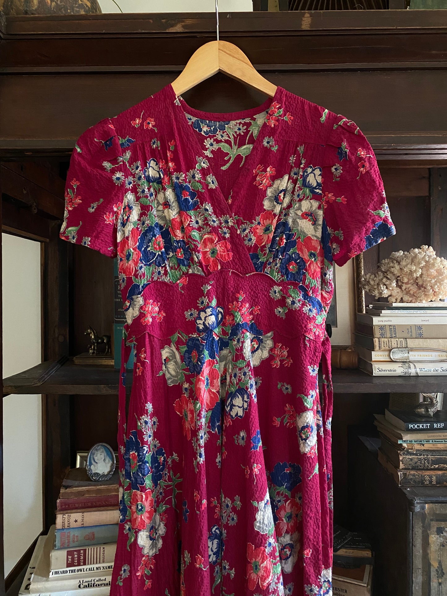 1930s Burgundy Fleur Puffed Sleeve Seersucker Maxi Dress- S