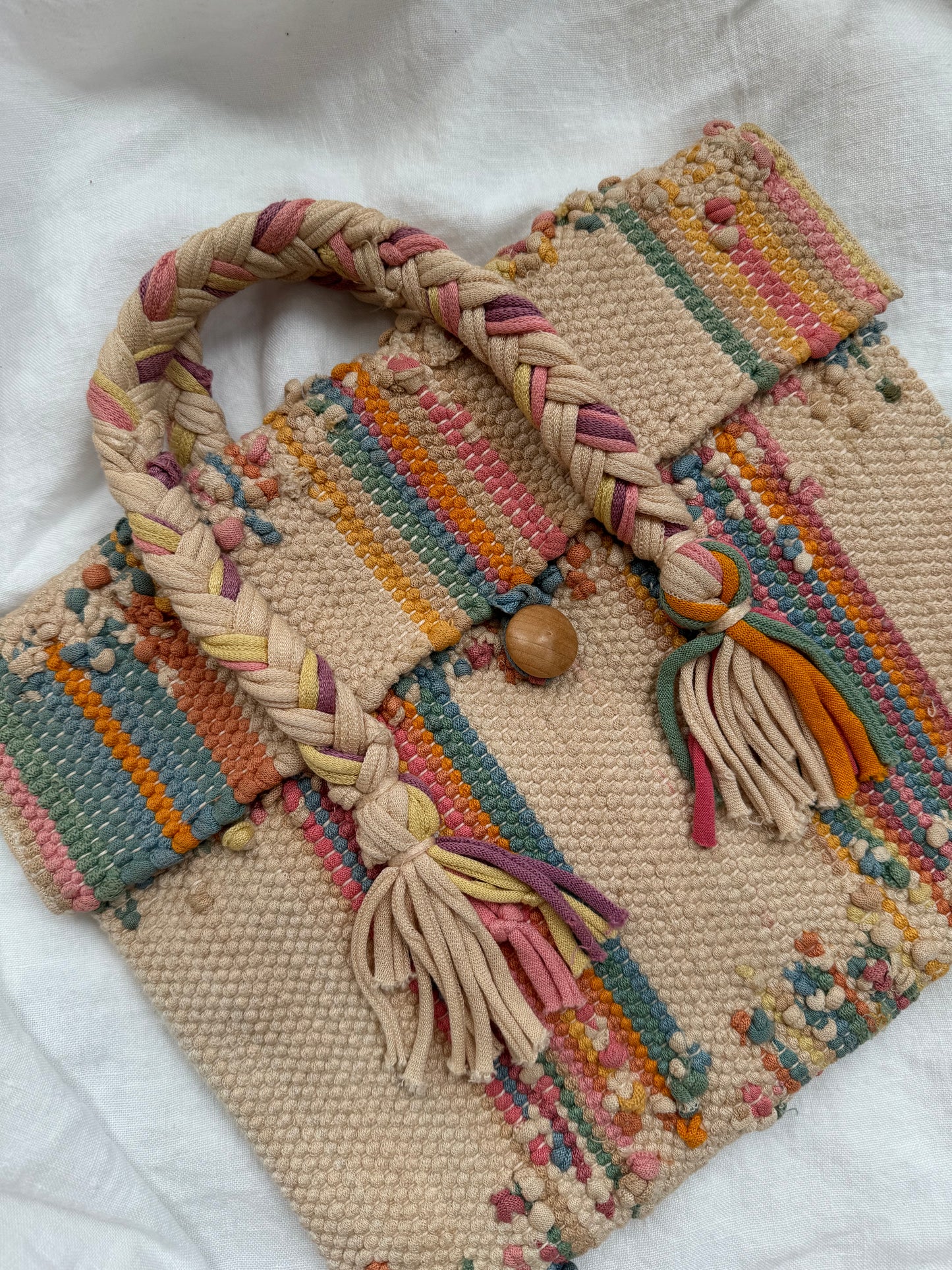 1930s Beige + Rainbow Woven Bag