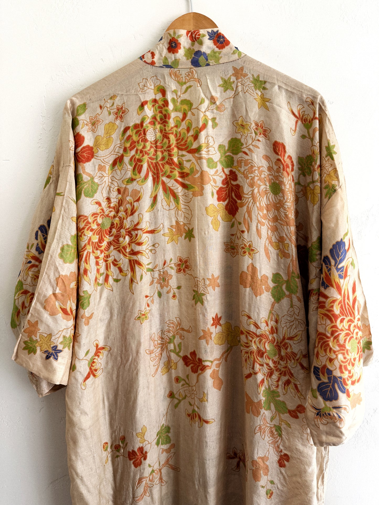 1920s Chartreuse Pongee Silk Duster w/ Chrysanthemum + Autumnal Leaves