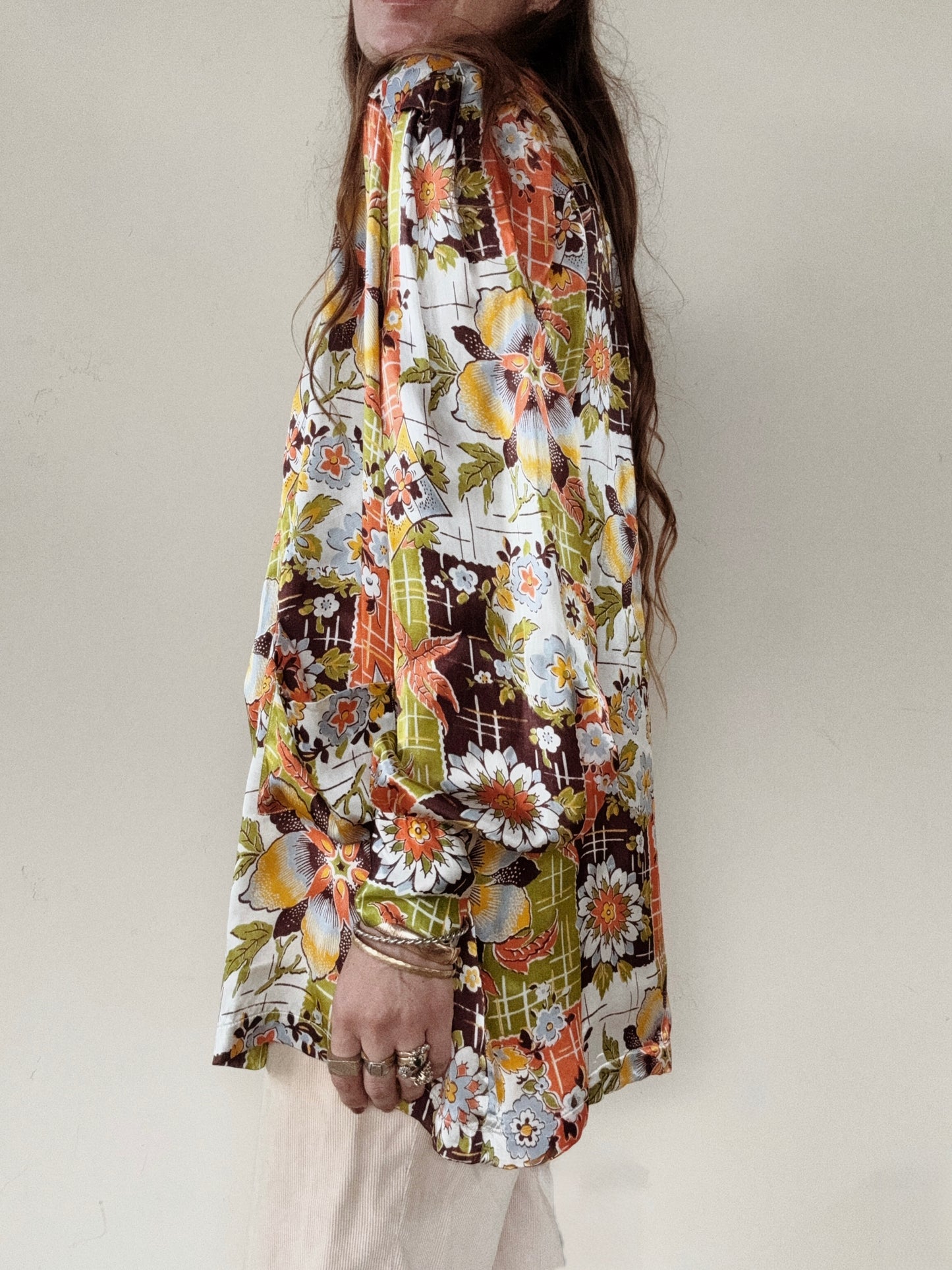 1940s Chartreuse + Orange Passionflower Satin Smock Jacket