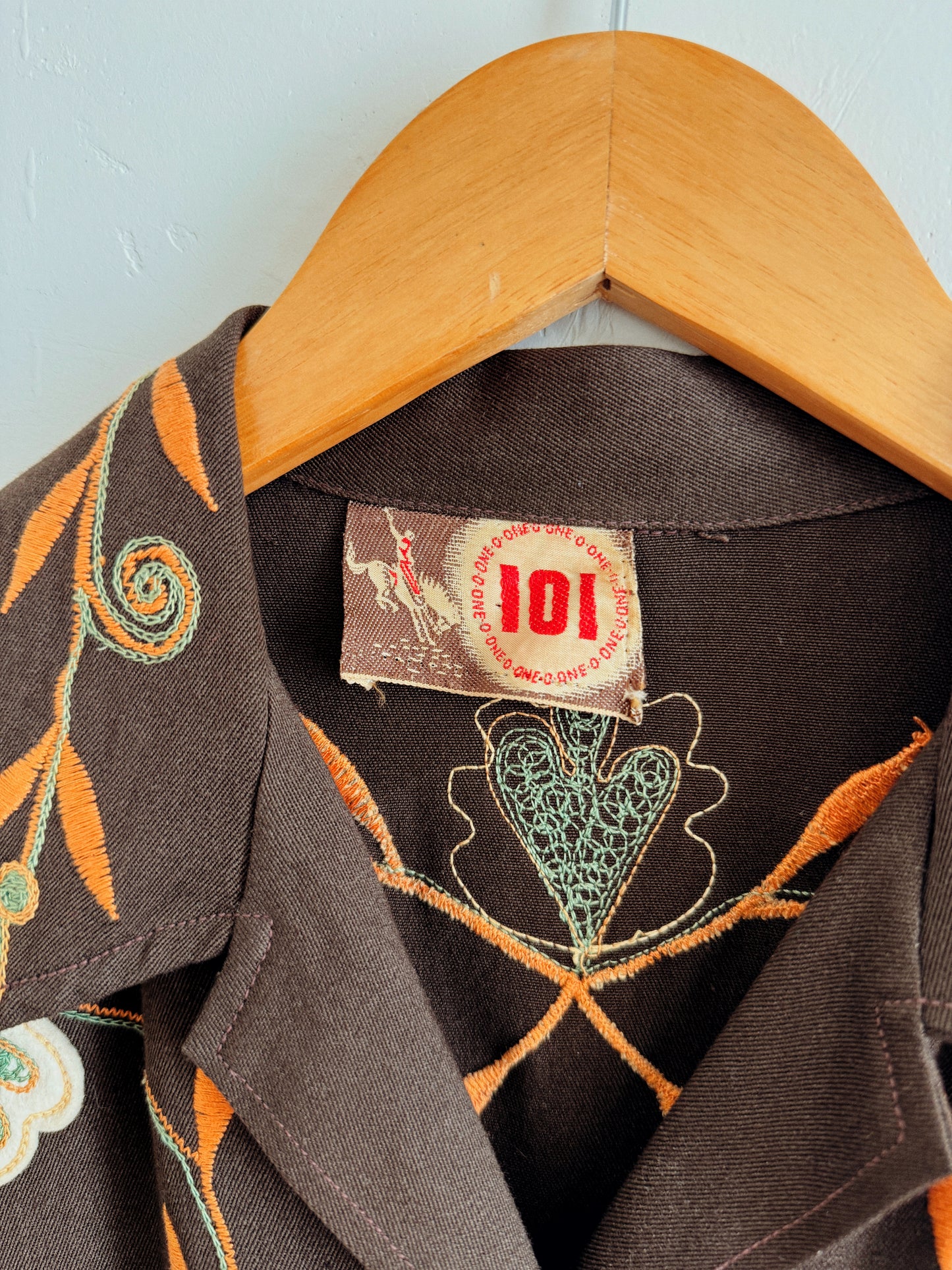 1940s/50s Chocolate Western Blouse w/ Orange + Mint Chain Stitching- M