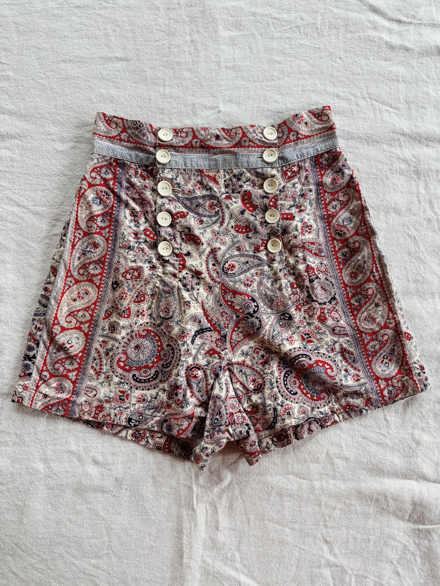 1930s/40s Paisley Hawaiian Fall Front Shorts- S-S/M