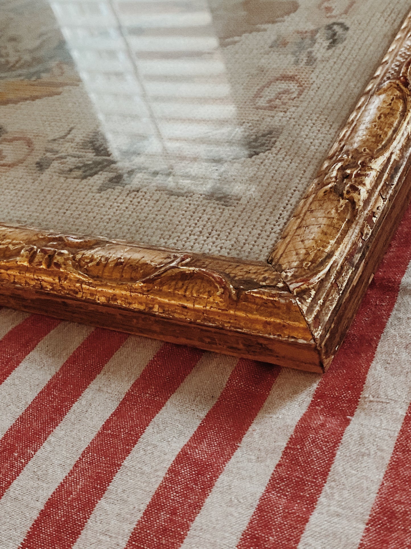Vintage Needlepoint Tapestry in French Style Gilded Frame- 21x22”