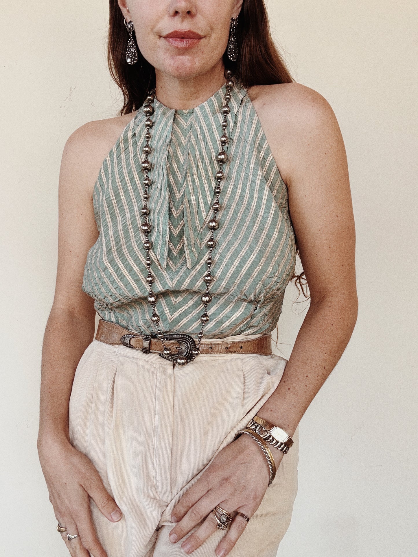 1930s Sea Foam Lamé Dagger Collar Halter Top- S/M