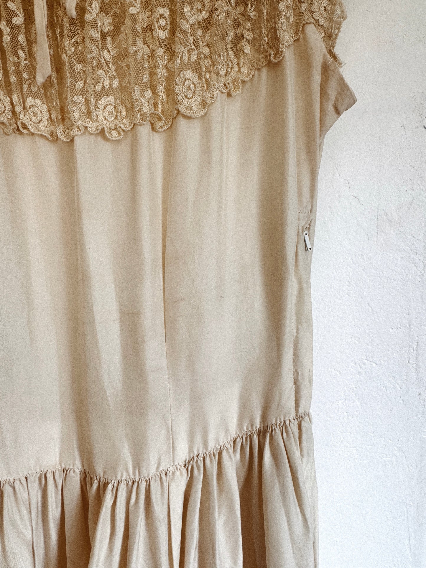 1940s Ecru Lace + Ivory Silk Off the Shoulder Dress- S-S/M