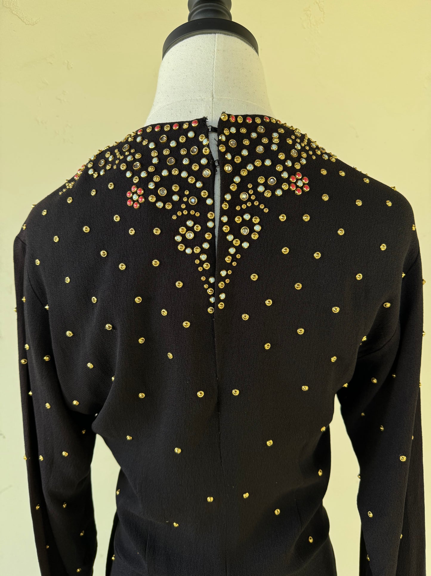 1940s Heavily Encrusted Rhinestone + Studded Crepe Evening Gown- M/L