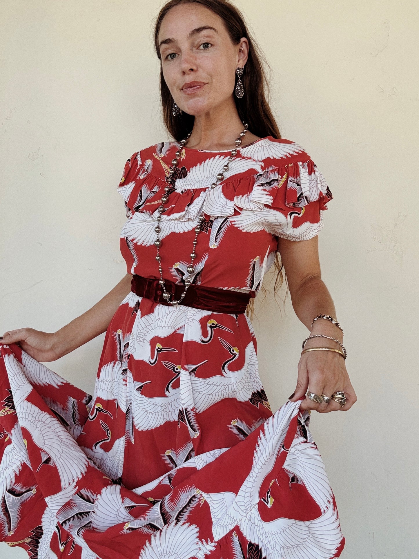 1940s Rare Red Crane Hawaiian Cold Rayon Dress- L