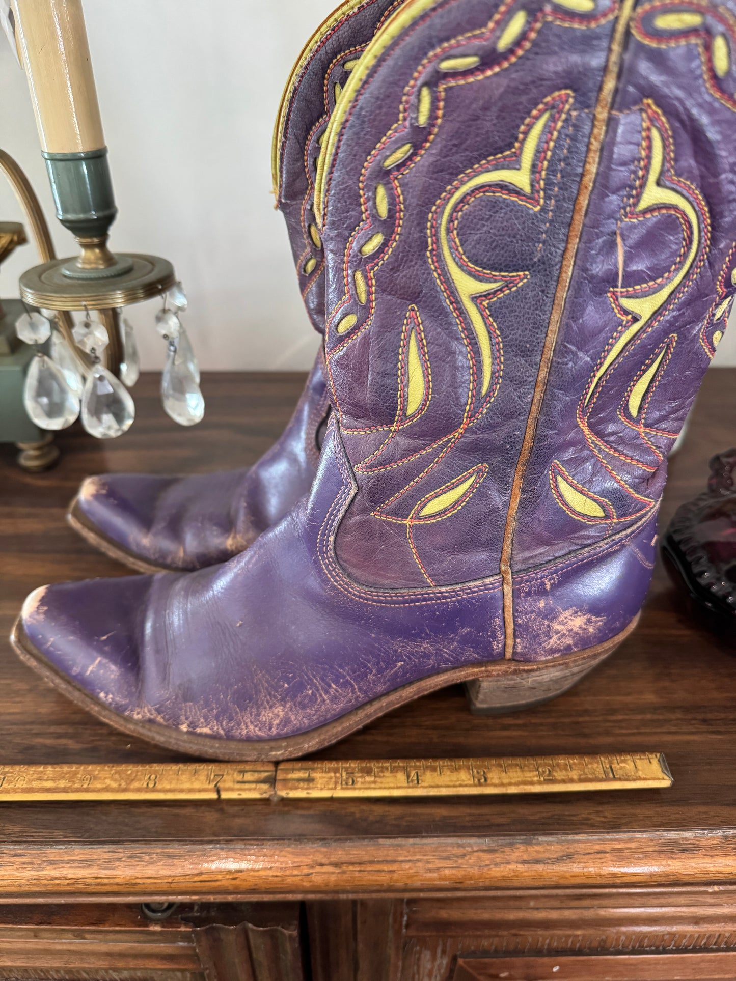 1950s Purple + Chartreuse Acme Inlay Cowboy Boots- 6