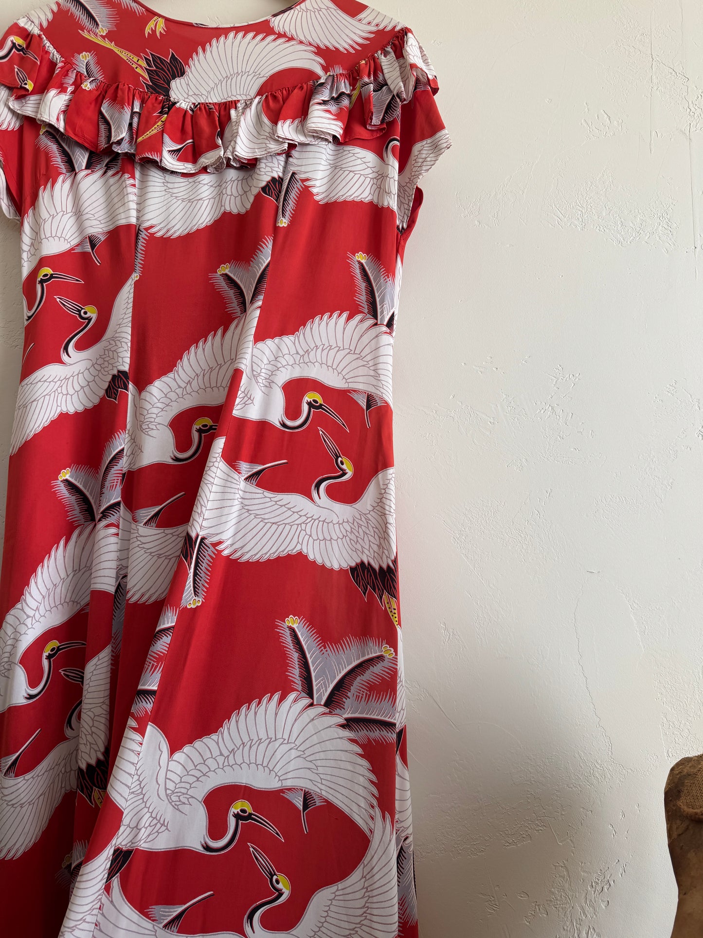 1940s Rare Red Crane Hawaiian Cold Rayon Dress- L